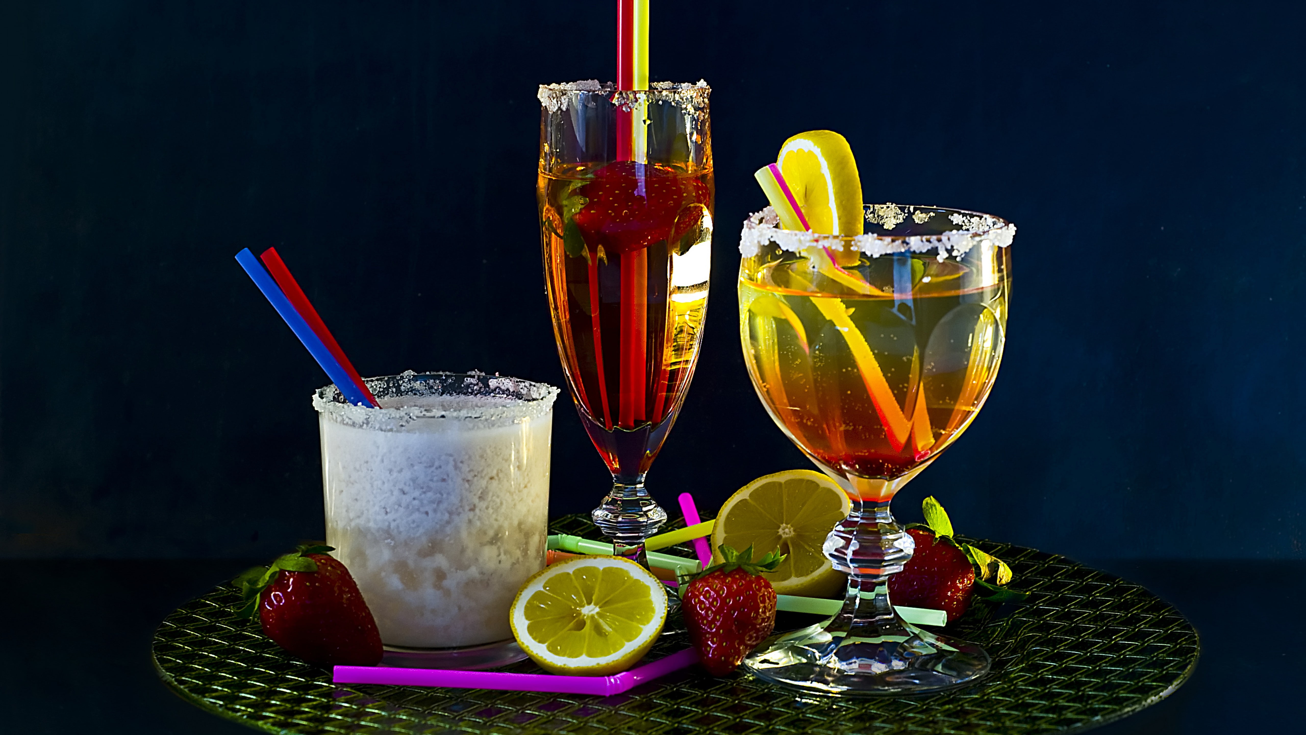 cocktails, glasses, 5K, ice, sugar, tray, orange, three, Milk shake, lemon, strawberry, wine, HD Wallpaper