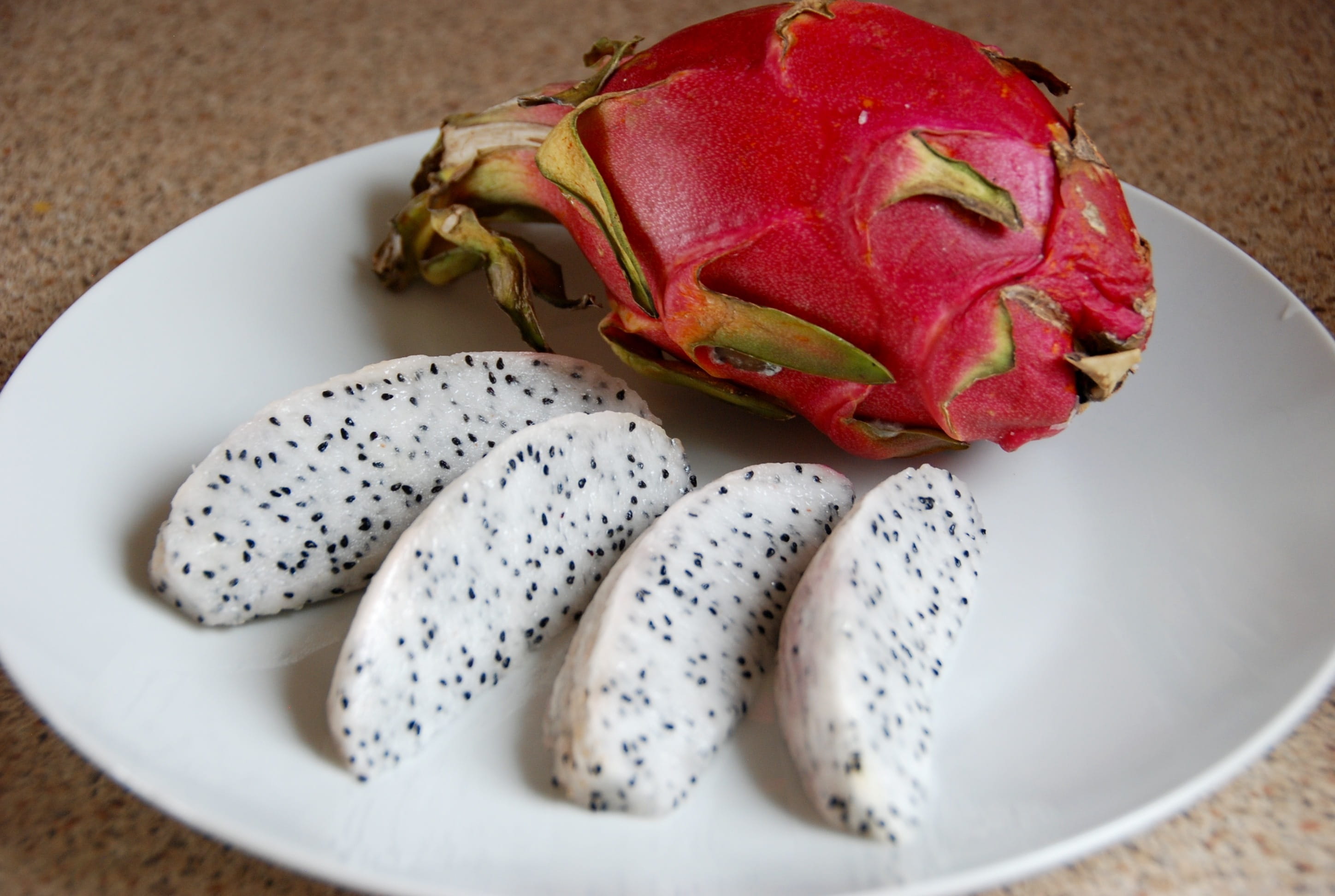 nutrition, snack, open, Pitaya, tropical, slice, sweet, Pitahaya, gourmet, natural, pink, freshness, focus on foreground, plate, raw, seeds, table, juicy, HD Wallpaper