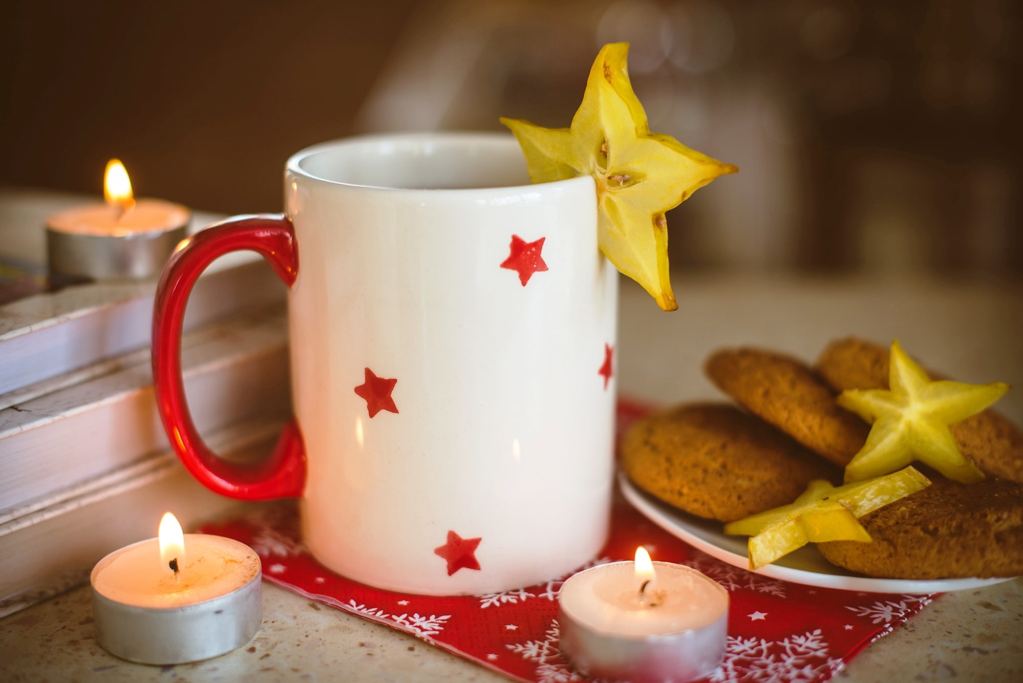 1080P, cookies, stars, carambola, food, mug, candles, Cup, HD Wallpaper