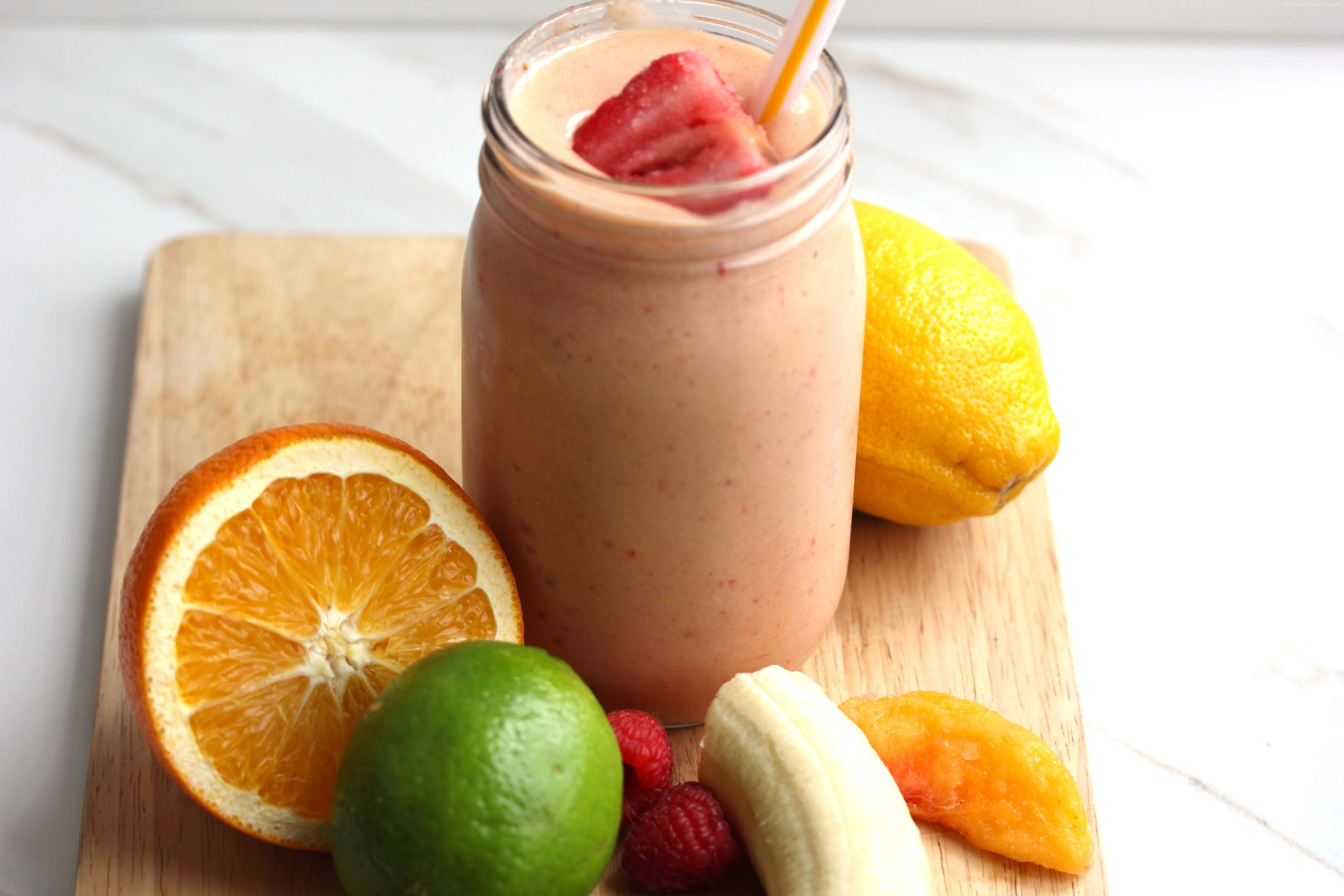 5K, lemon, smoothies, fruit, orange, lime, banana, bank, strawberry, HD Wallpaper