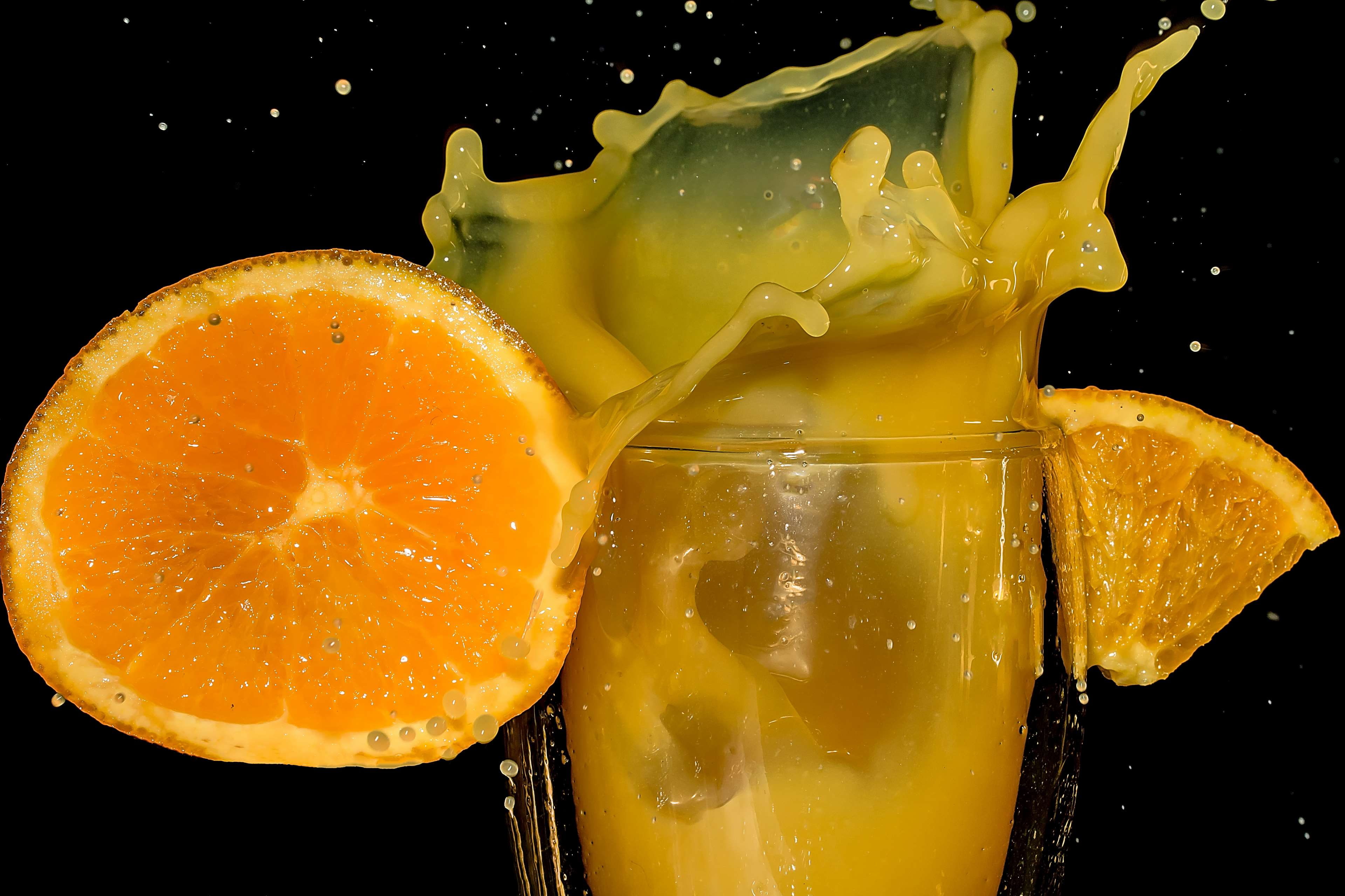 food, spray, food and drink, drip, glass, delicious, fruit, double wall glass, drinking glass, black background, no people, close-up, vitamins, still life, HD Wallpaper