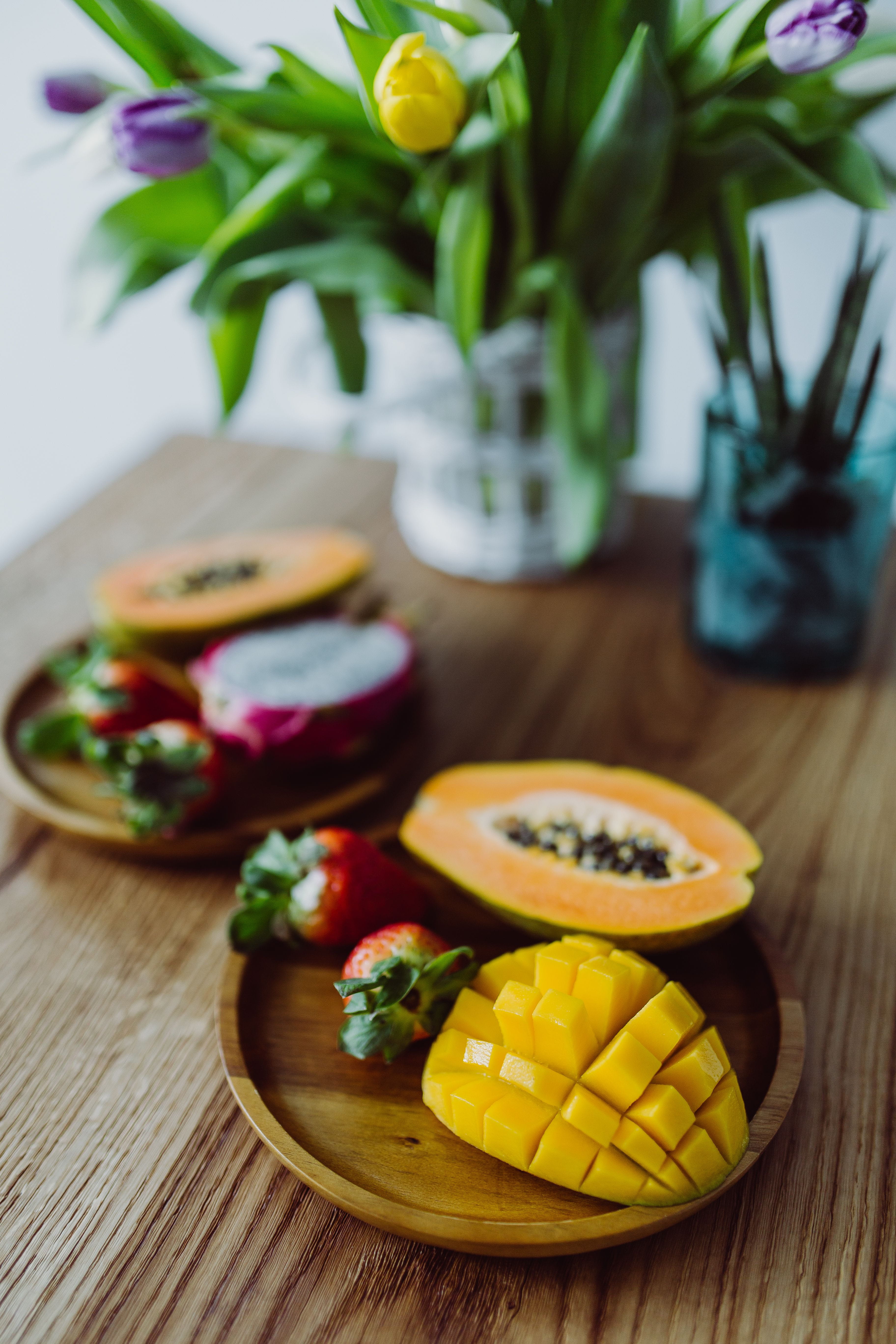 vegetable, fruits, flowering plant, papaya, healthy, strawberry, dragon, plant, flower arrangement, exotic, fresh, ready-to-eat, still life, flower, freshness, Phone HD Wallpaper