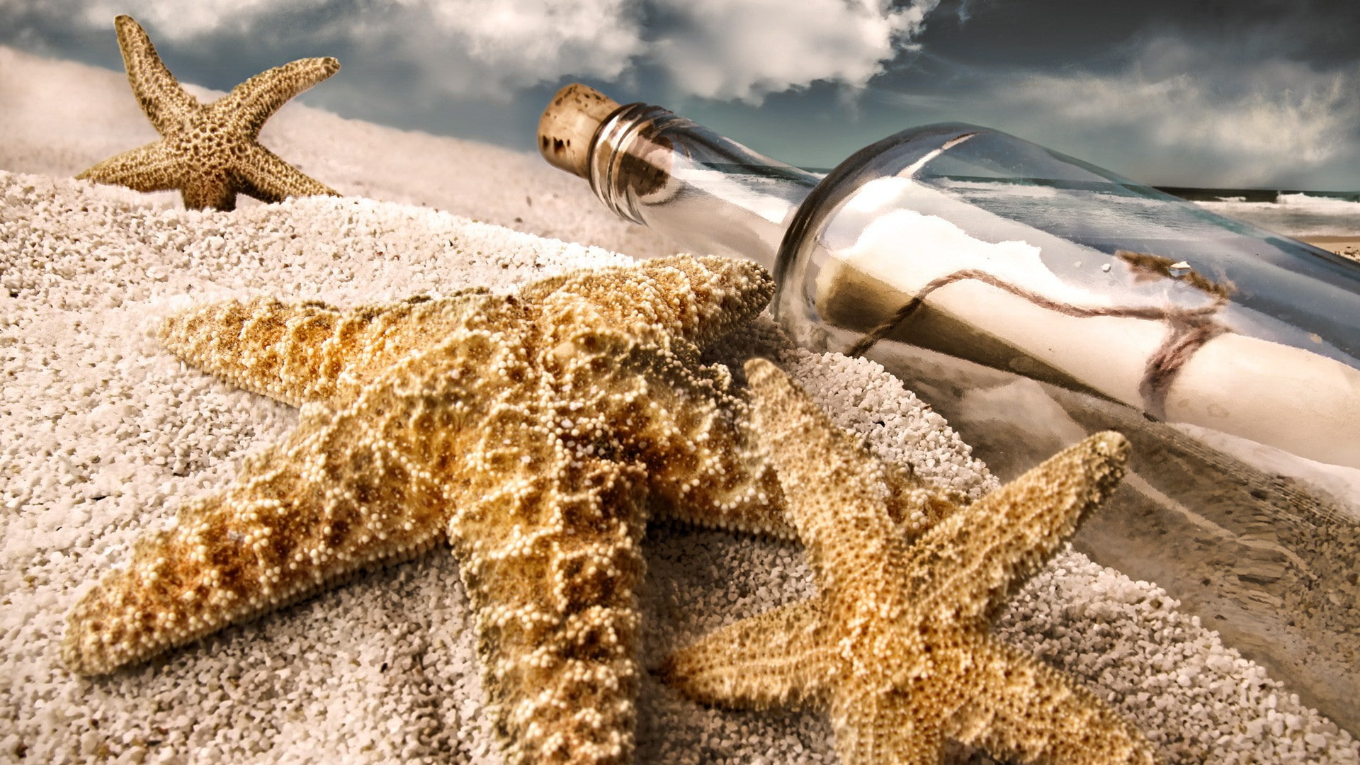 1080P, beach, bottle, drift, drift bottle, starfish, closeup, sand, HD Wallpaper