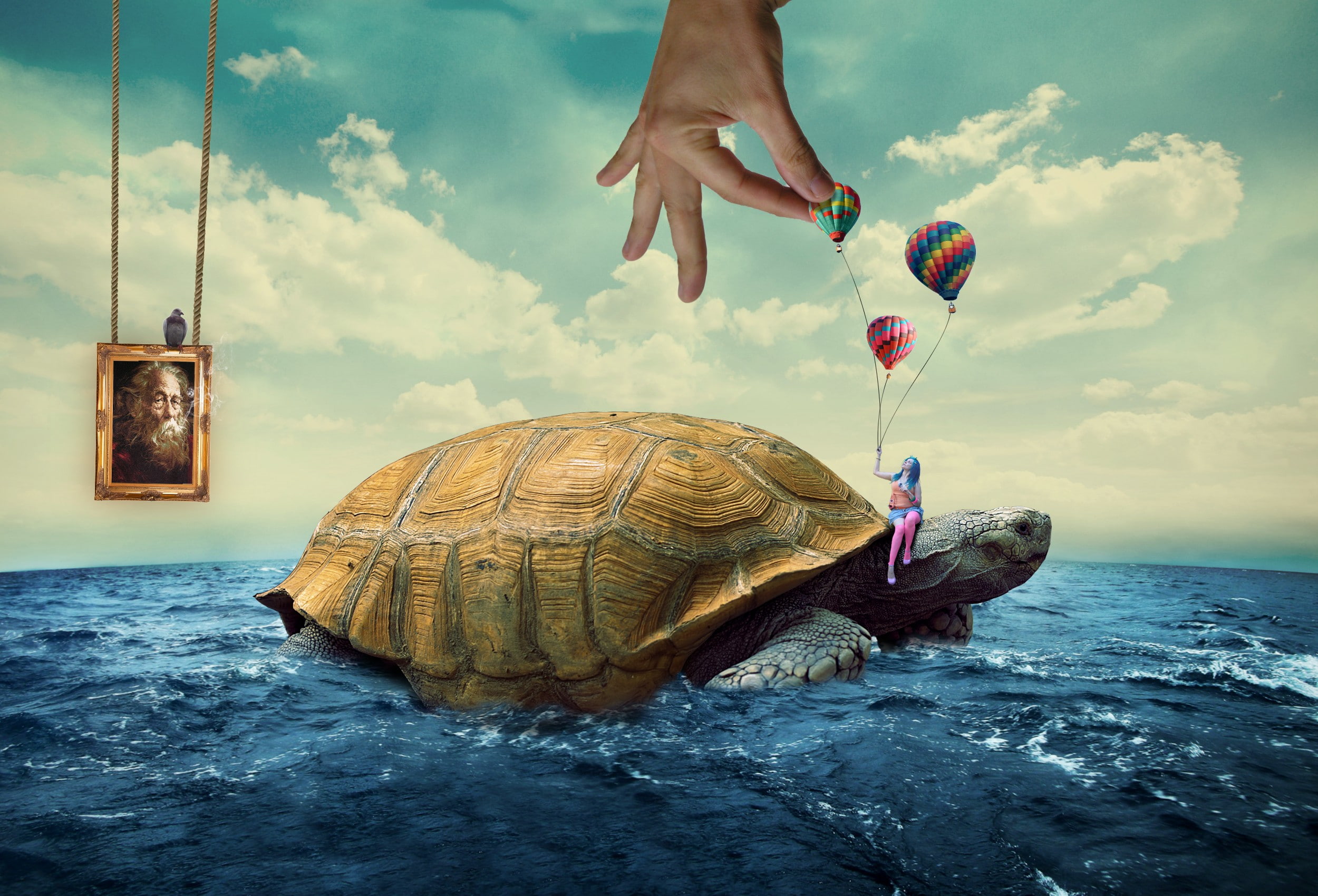 digital art, animals, Picture Frames, clouds, sea, Hot Air Balloons, hands, Blue Hair, artwork, Surreal, Vladimir Kush, turtle, women, painting, 1080P, HD Wallpaper