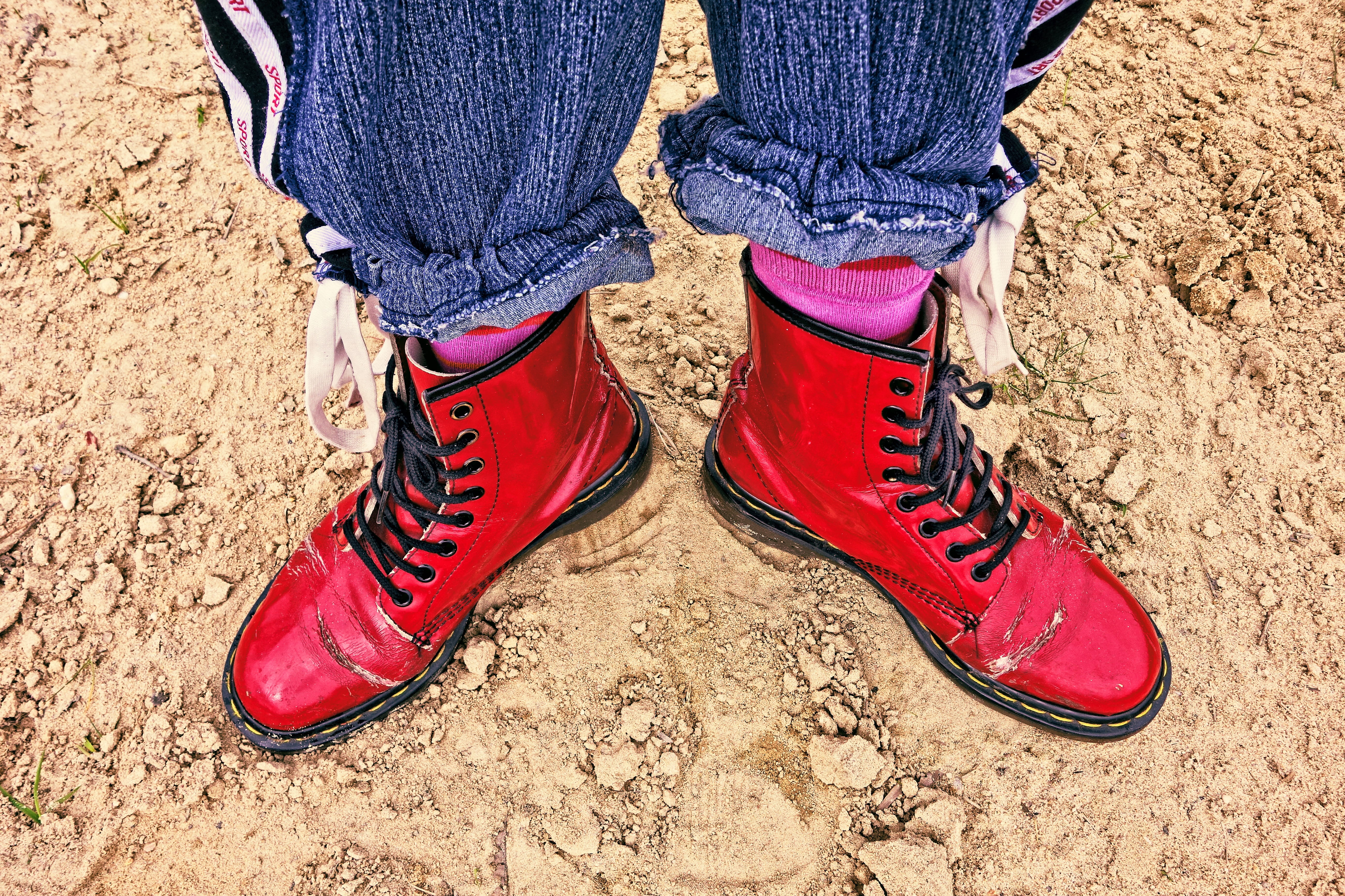 body part, limb, 5K, red shoe, leisure activity, red doctor martens, human limb, human leg, lifestyles, mud, land, soil, leg, high angle view, standing, HD Wallpaper