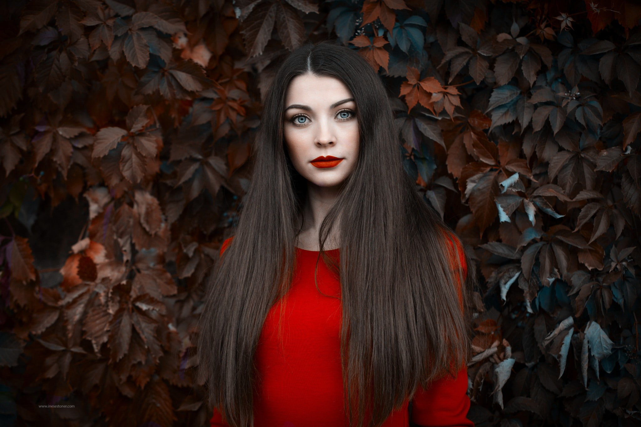 long hair, portrait, 1080P, blue eyes, straight hair, red lipstick, women, leaves, Inese Stoner, HD Wallpaper