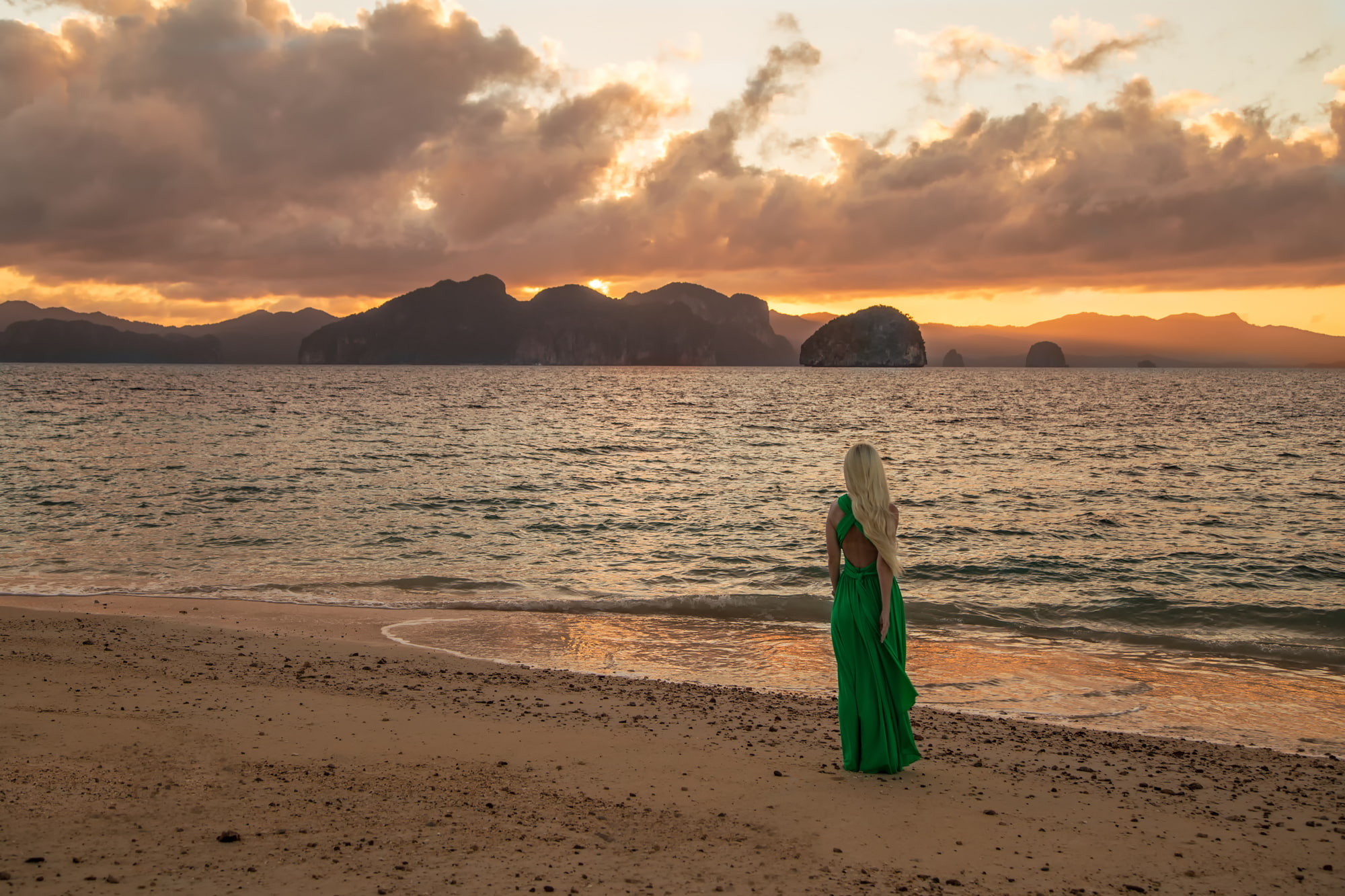 beach, 1080P, shore, girl, sunset, Inese Stoner, HD Wallpaper