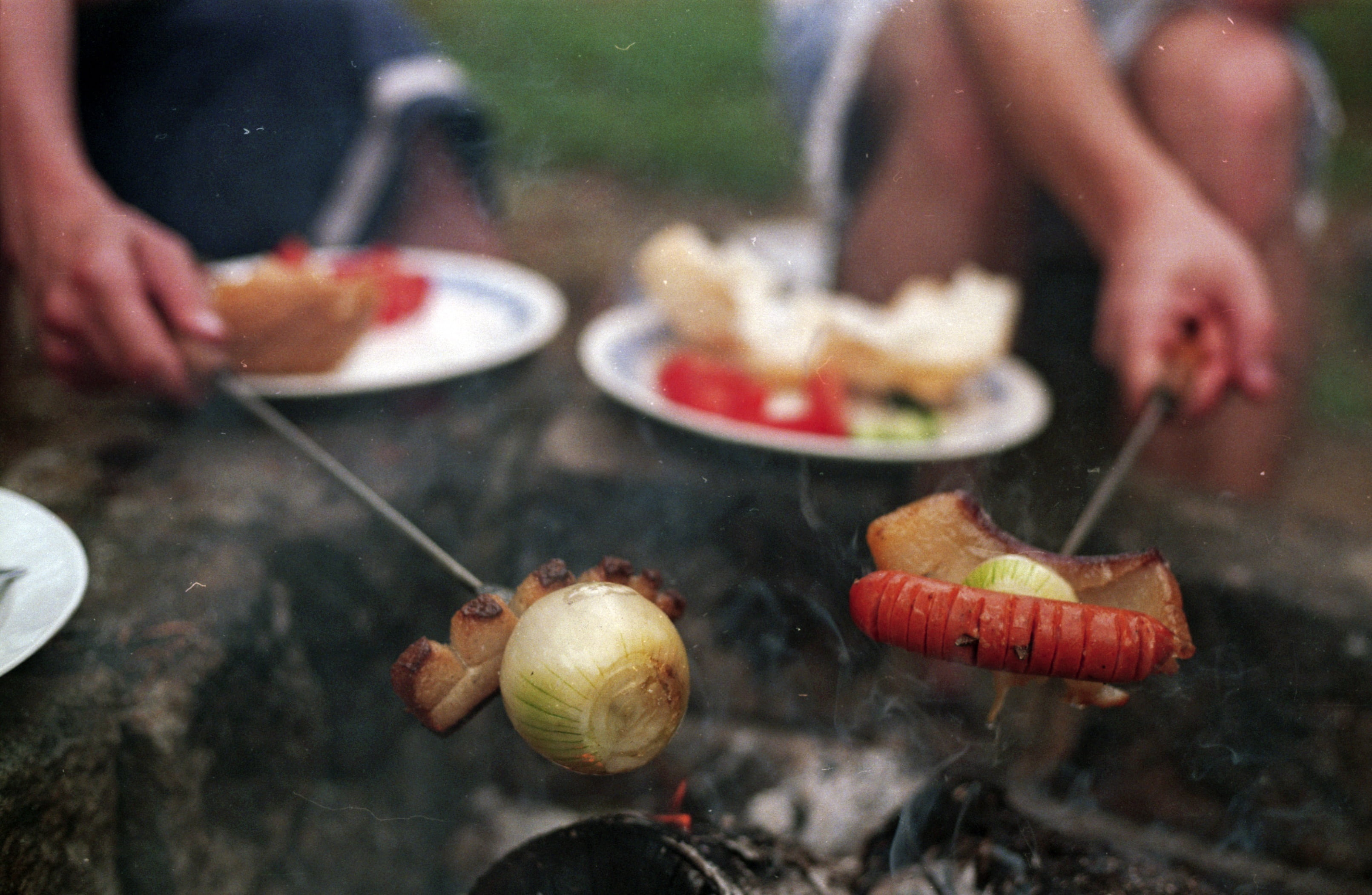 human hand, onion, barbecues, healthy eating, grilling, dinner, persons, focus, close-up, preparing food, cooked, hot, people, fire, human body part, selective focus, HD Wallpaper