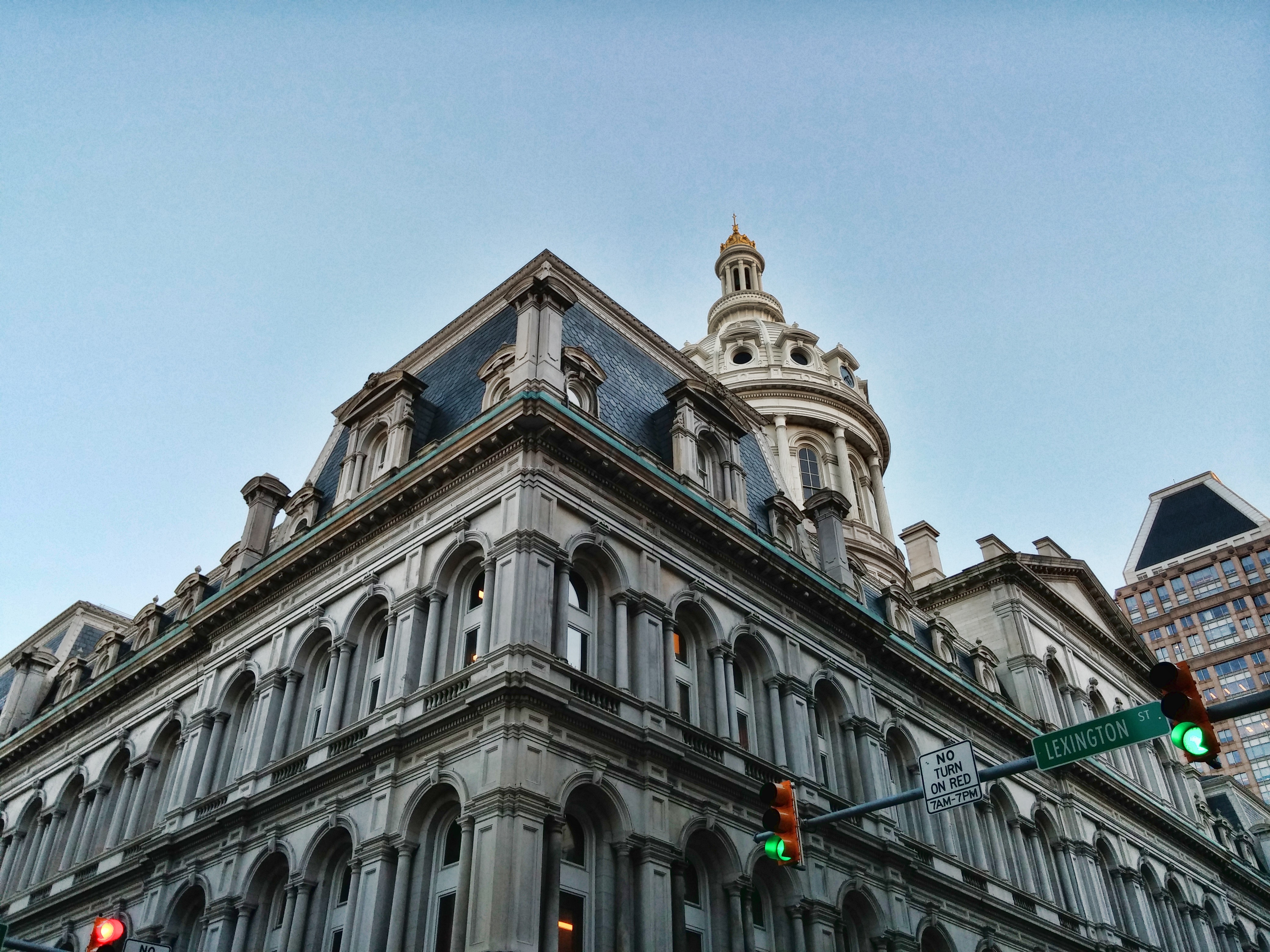 low angle view, architecture, maryland, lexington, building exterior, day, blue, spirituality, downtown, 4K, baltimore, building, clear sky, the past, HD Wallpaper