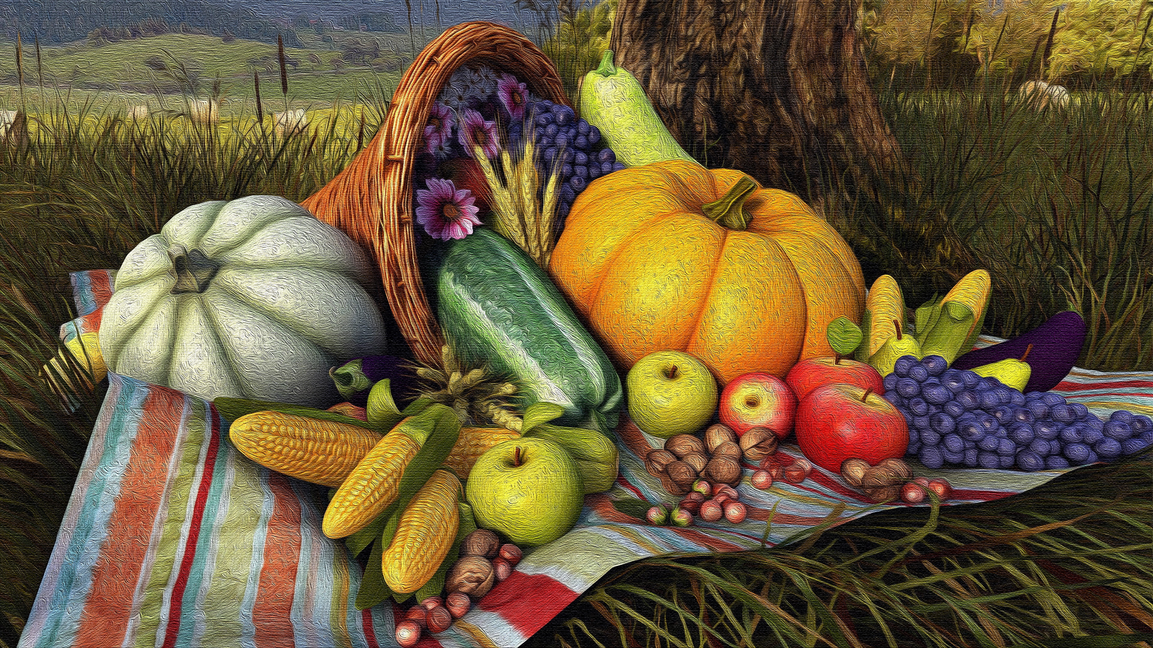 art, thanksgiving day, painting art, artistic, thanksgiving, harvest, 4K, winter squash, cucurbita, pumpkin, painting, still life, HD Wallpaper