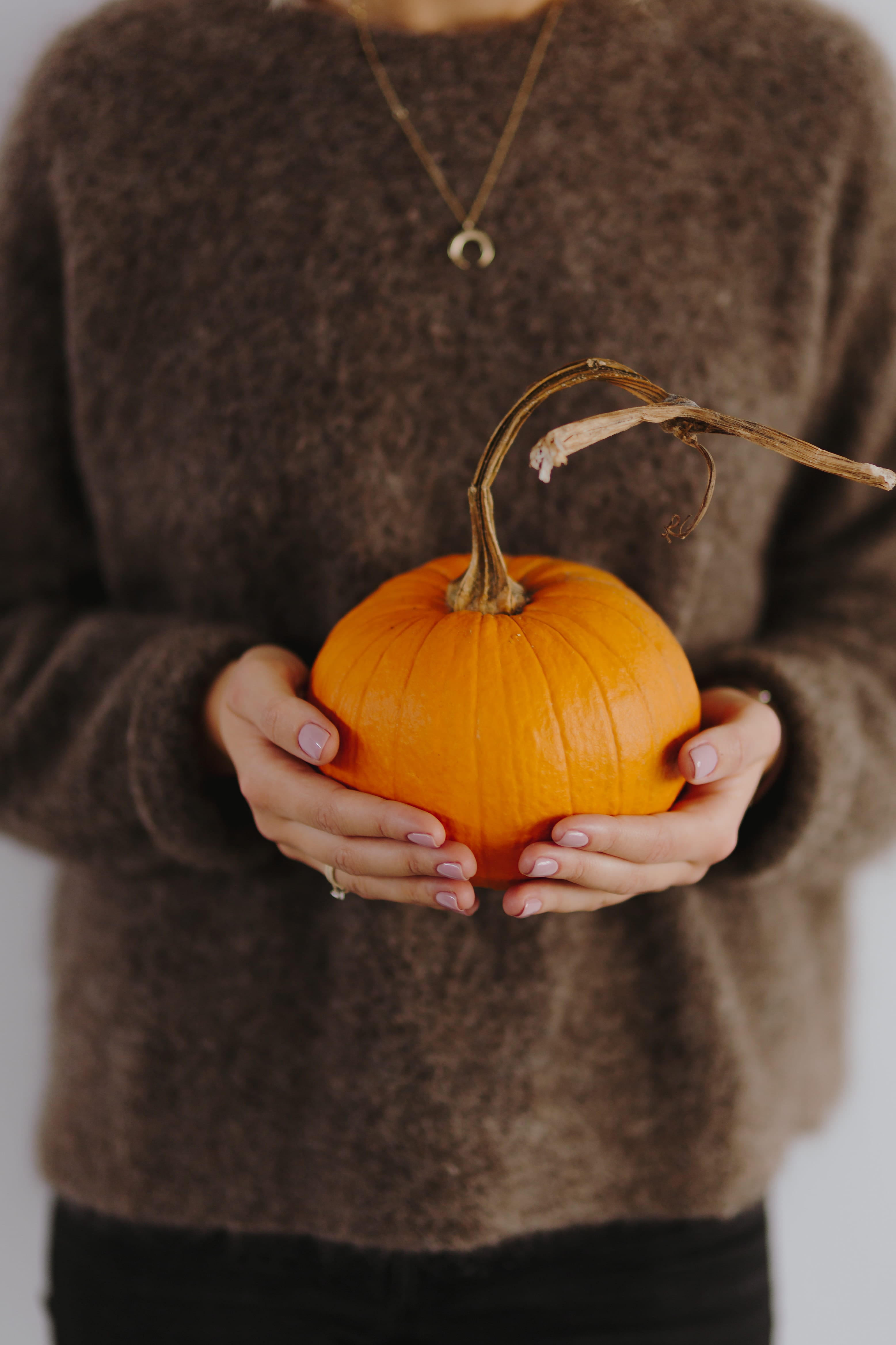 pumpkin, female, indoors, orange, hand, standing, one person, 4K, person, fall, holiday - event, orange color, hands, holding, jack o lantern, focus on foreground, Phone HD Wallpaper