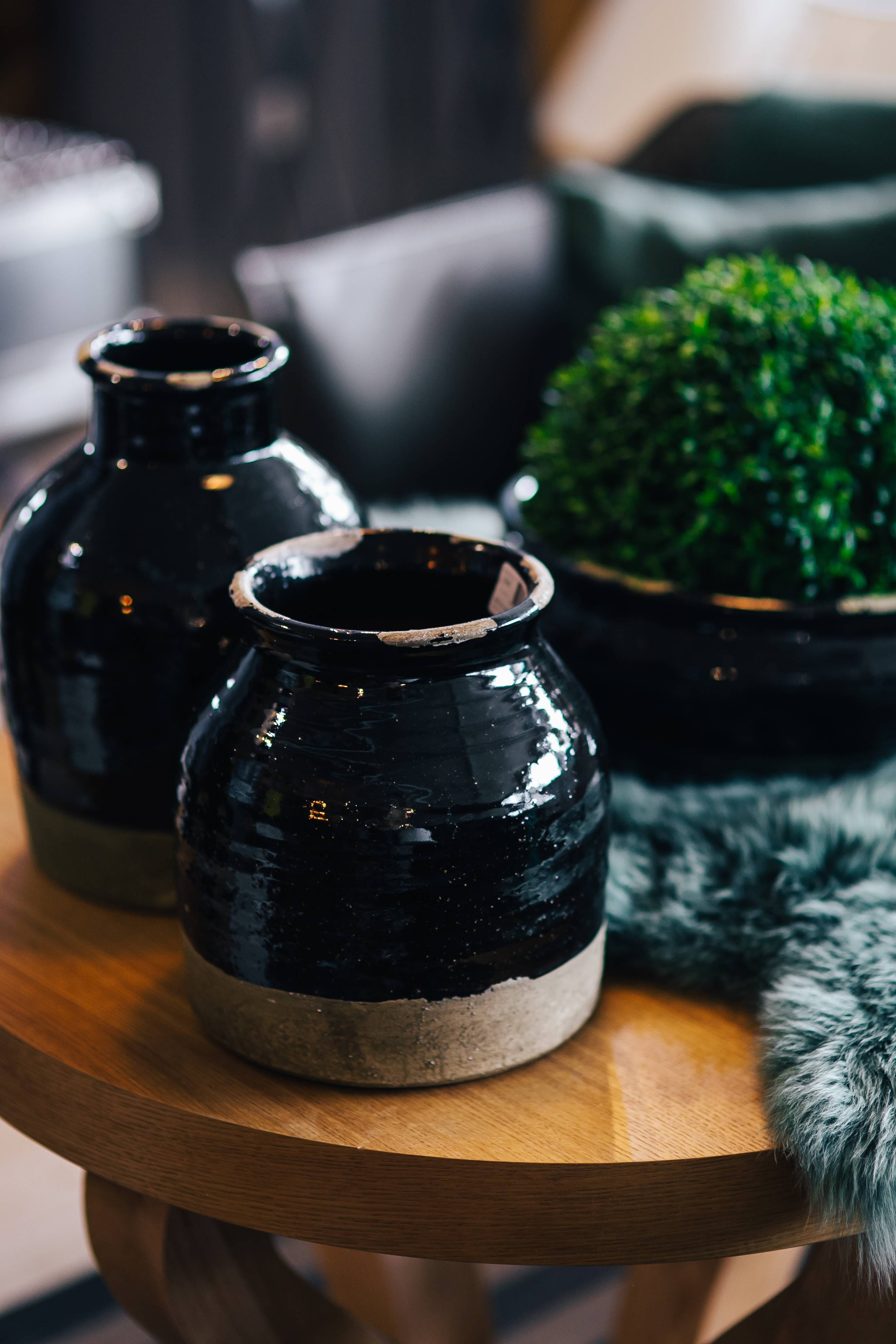 no people, container, pot, cyan, green, black, plant part, focus on foreground, Green plant, ceramic, rustic, 4K, bottle, plant, pots, day, jar, indoors, Phone HD Wallpaper