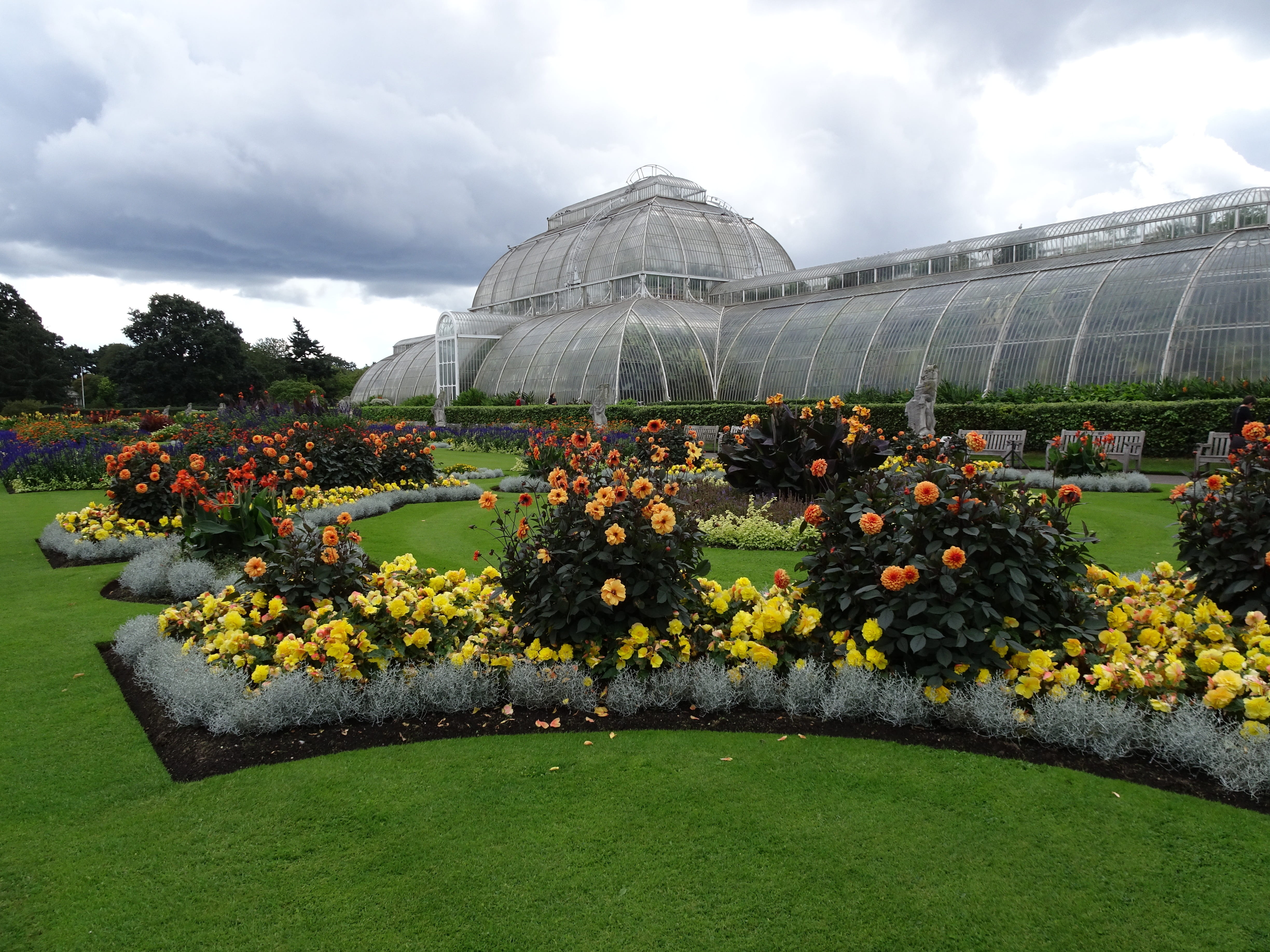 outdoors, flower, plant, flower head, grass, 4K, built structure, flowerbed, cloud - sky, day, flowering plant, sky, nature, freshness, london, kew gardens, HD Wallpaper