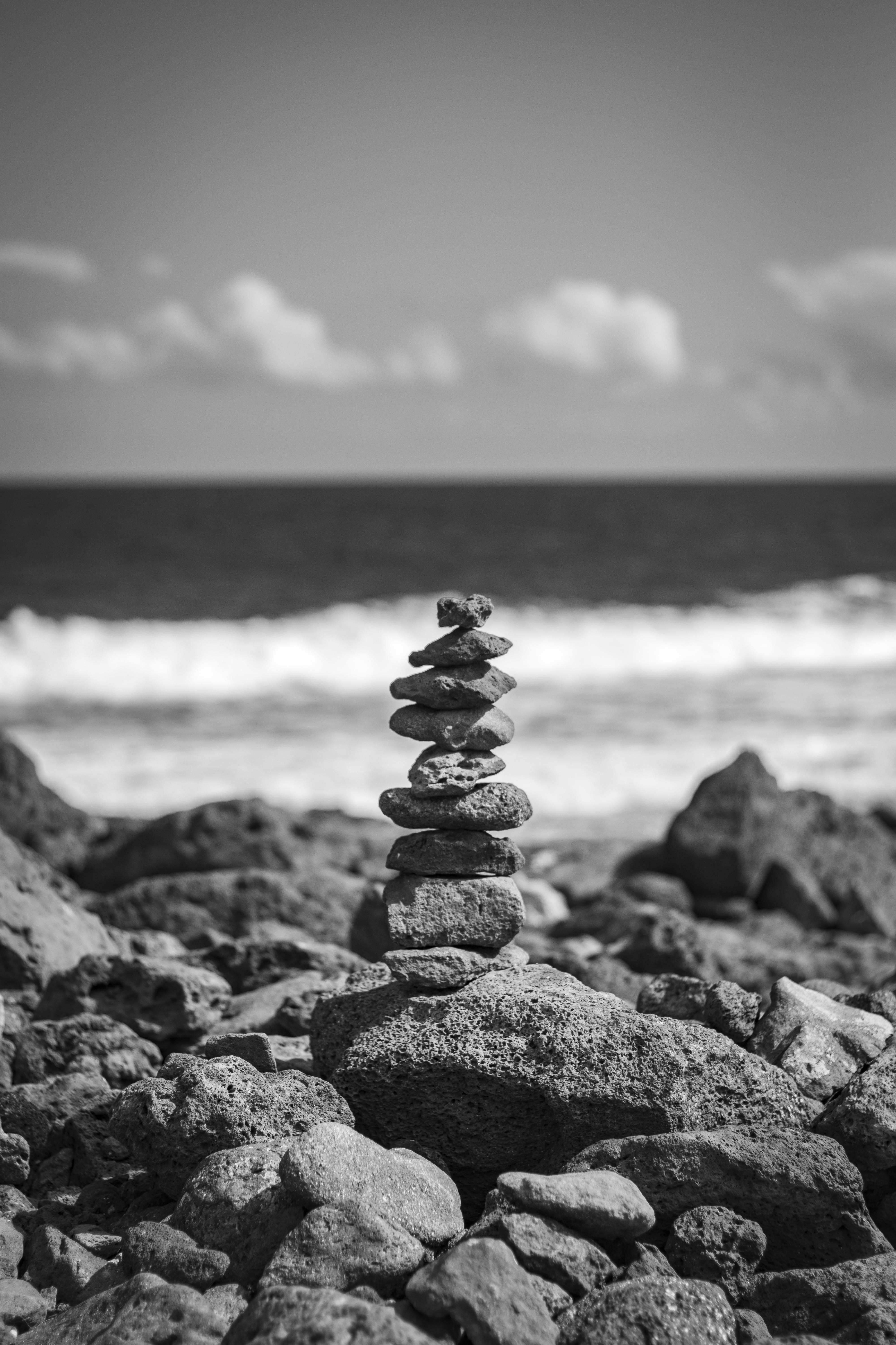 no people, white, pebble, spain, scenics - nature, fuerteventura, stone, waves, horizon over water, water, zen-like, rock - object, stack, black, beach, Phone HD Wallpaper