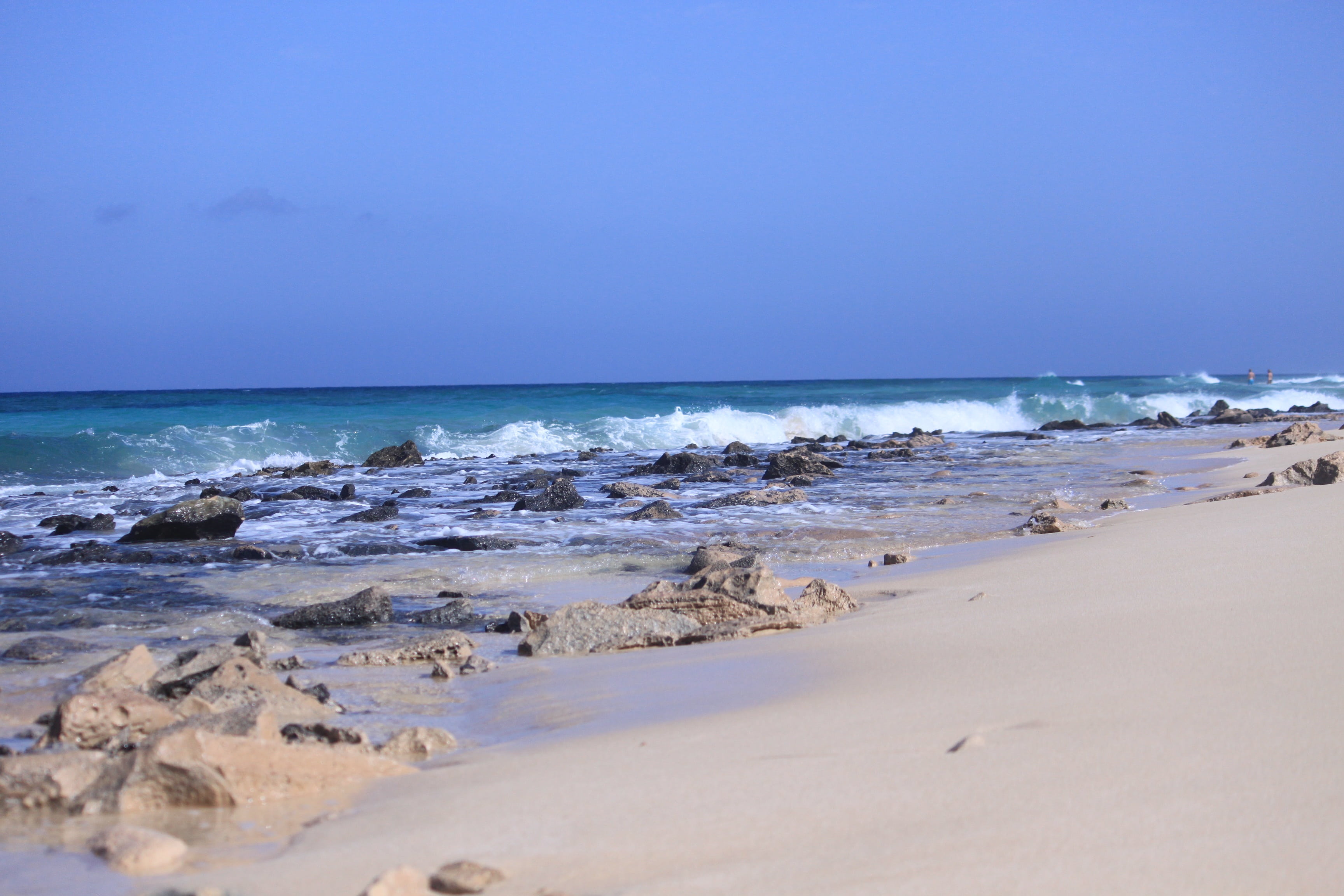 horizon over water, spanish, aquatic sport, canary islands, sea, fuerteventura, waters edge, island, destination, land, wave, no people, rock, sky, water, HD Wallpaper