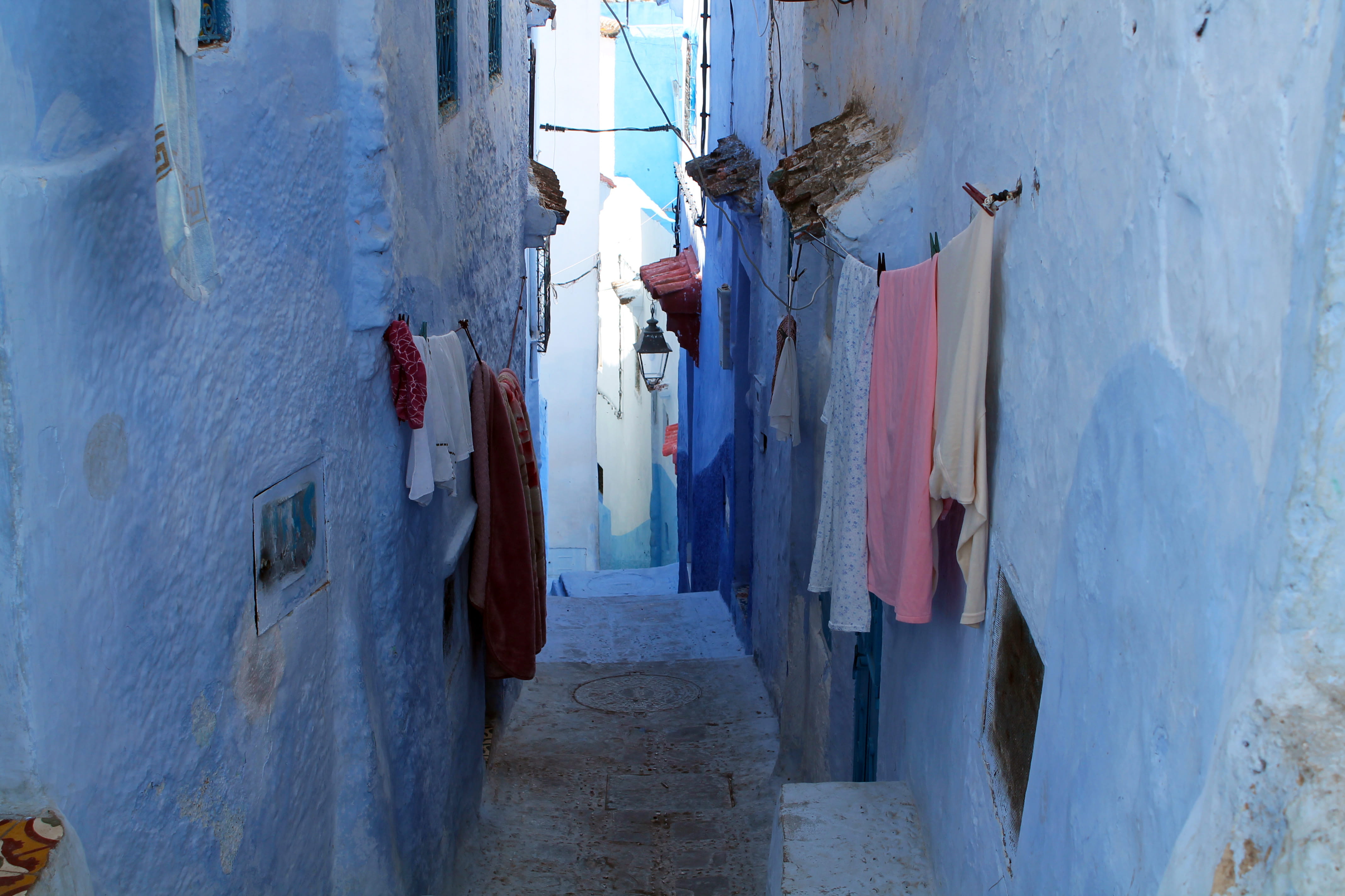 morocco, chefchaouen, laundry, drying, hairstyle, alley, 4K, one person, outdoors, lifestyles, wall - building feature, travel, hanging, chaouen, moroccan, HD Wallpaper