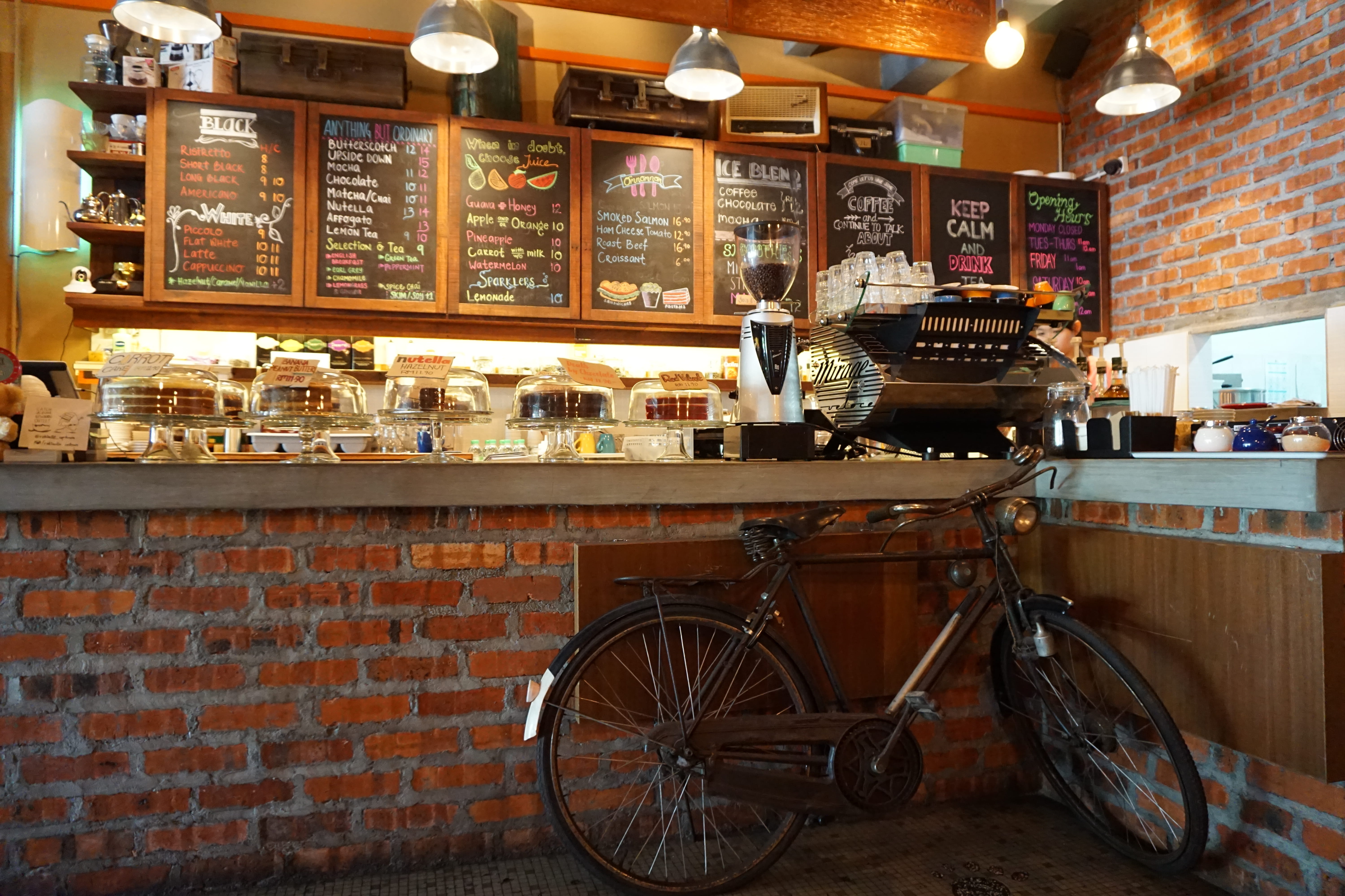 business, store, malaysia, coffee, 5K, food and drink, bicycles, day, transportation, retail, brick, architecture, wall, bar counter, bicycle, no people, HD Wallpaper