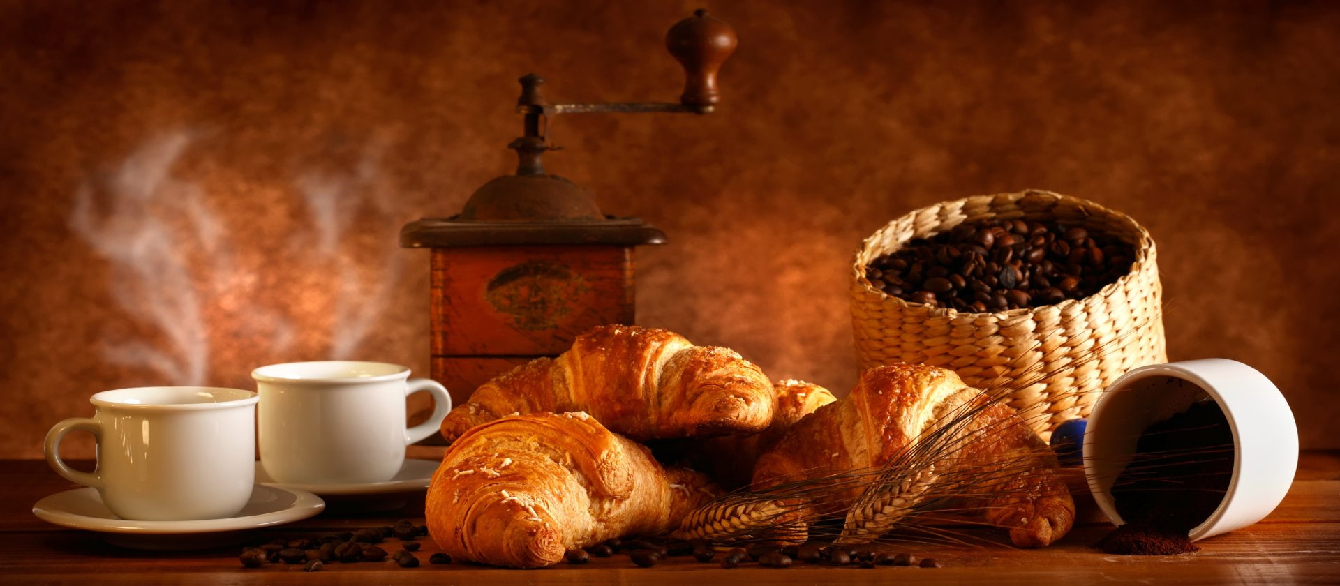 Croissant, Coffee Beans, Grinder, 1080P, Food, Cup, Still Life, Breakfast, HD Wallpaper