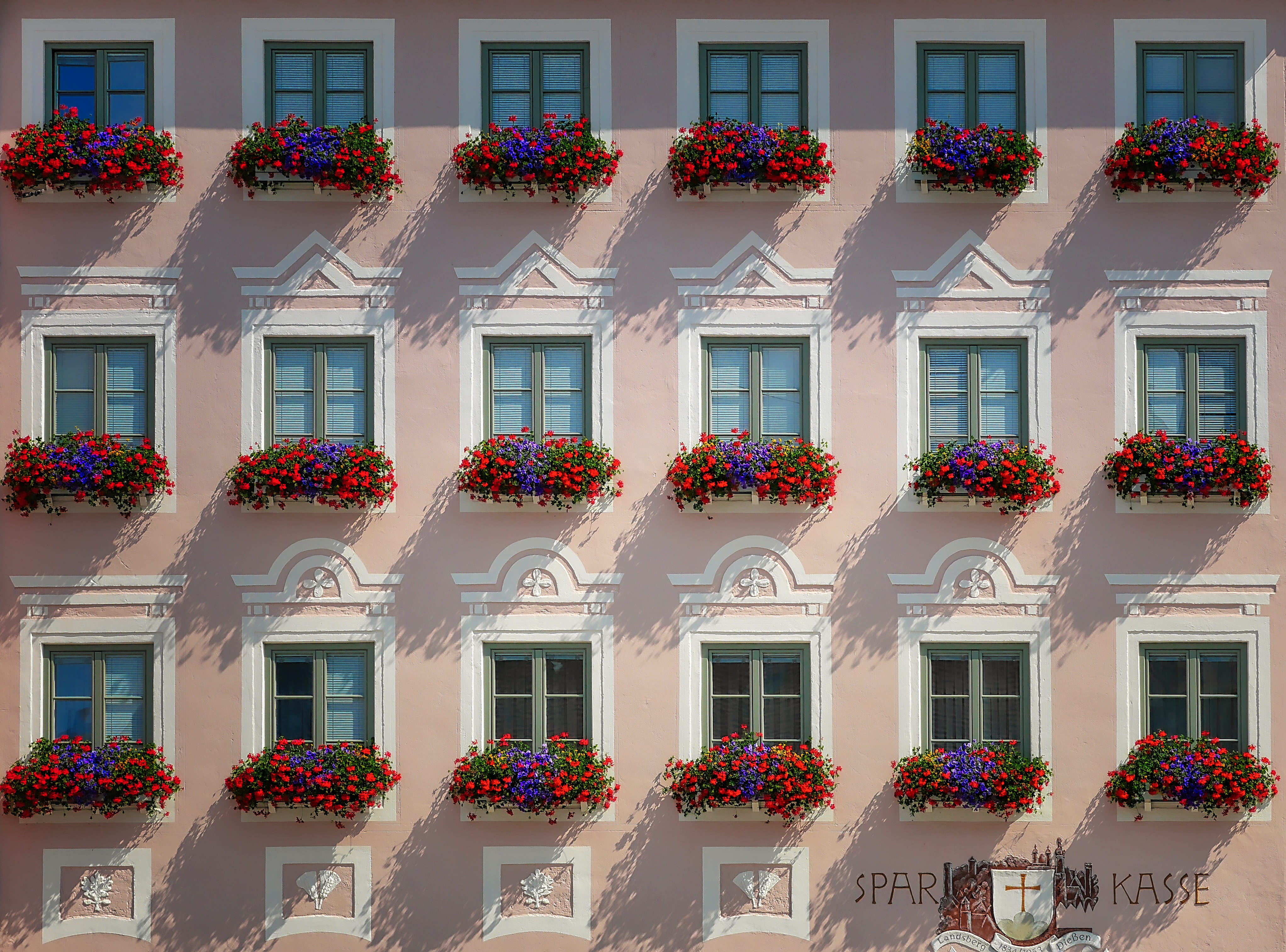 no people, white, flowering plant, facade, multi colored, window box, building, home front, flowers, home, side by side, nature, 4K, residential district, HD Wallpaper