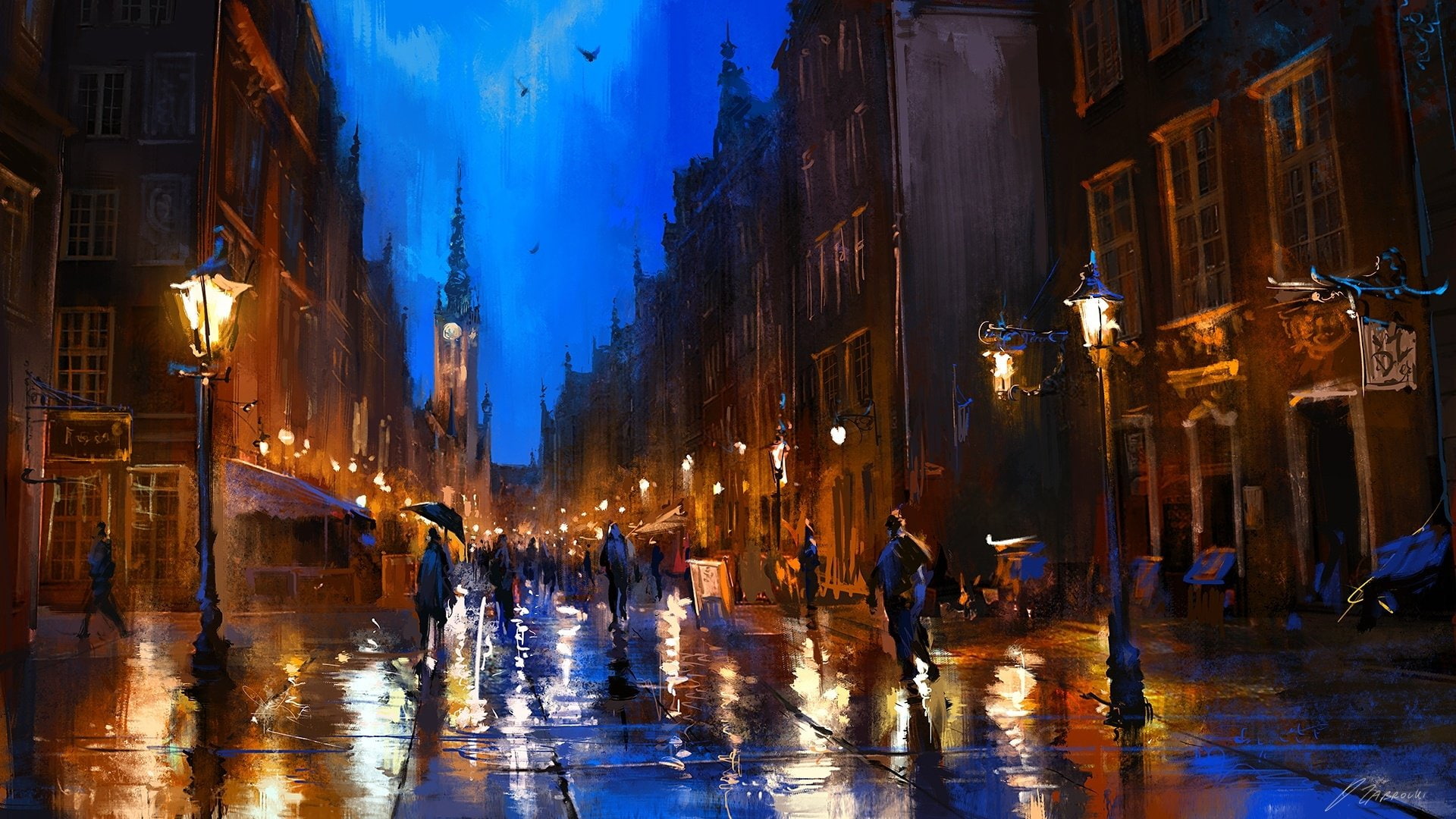 Night, city, wet, Poland, crowd, outdoors, architecture, Lamp Post, Painting, real people, water, Building, city street, built structure, group of people, HD Wallpaper