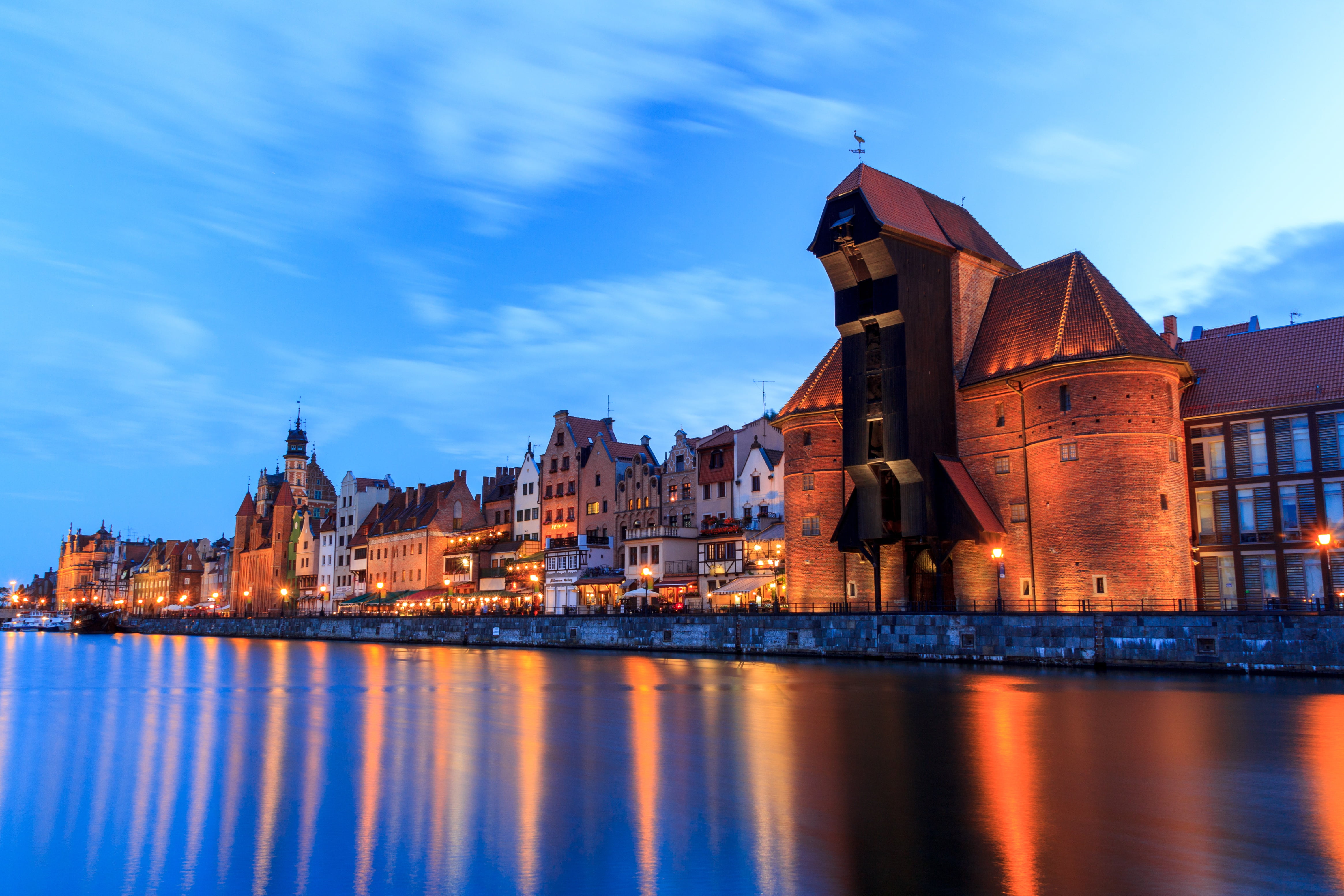 Port crane, The River Motława, Lights, 4K, Home, Promenade, Crane, Poland, The evening, Motława, Gdansk, HD Wallpaper