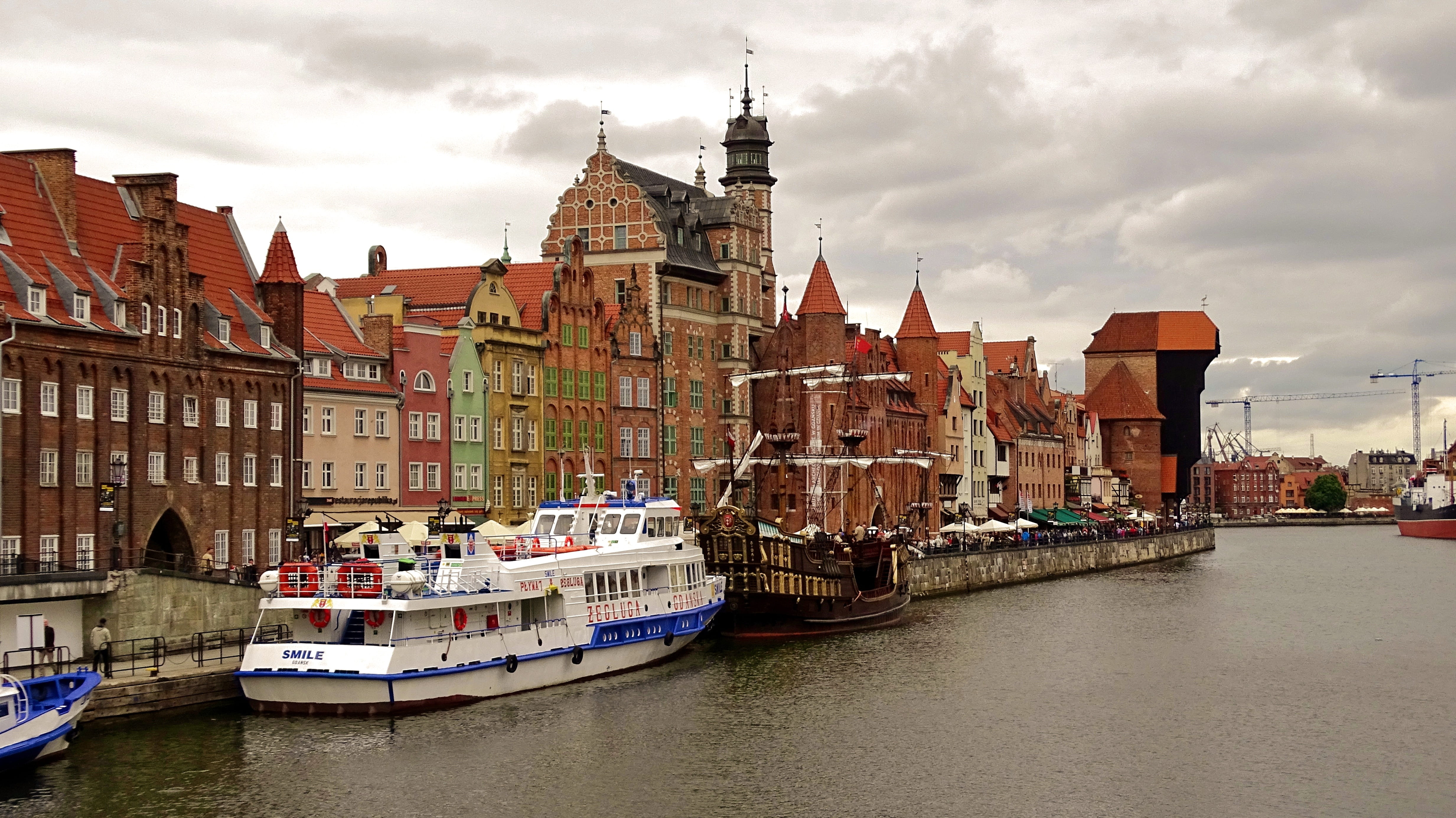 transportation, nature, river, religion, nautical vessel, Gdansk, travel, water, outdoors, architecture, 4K, building exterior, mode of transportation, HD Wallpaper