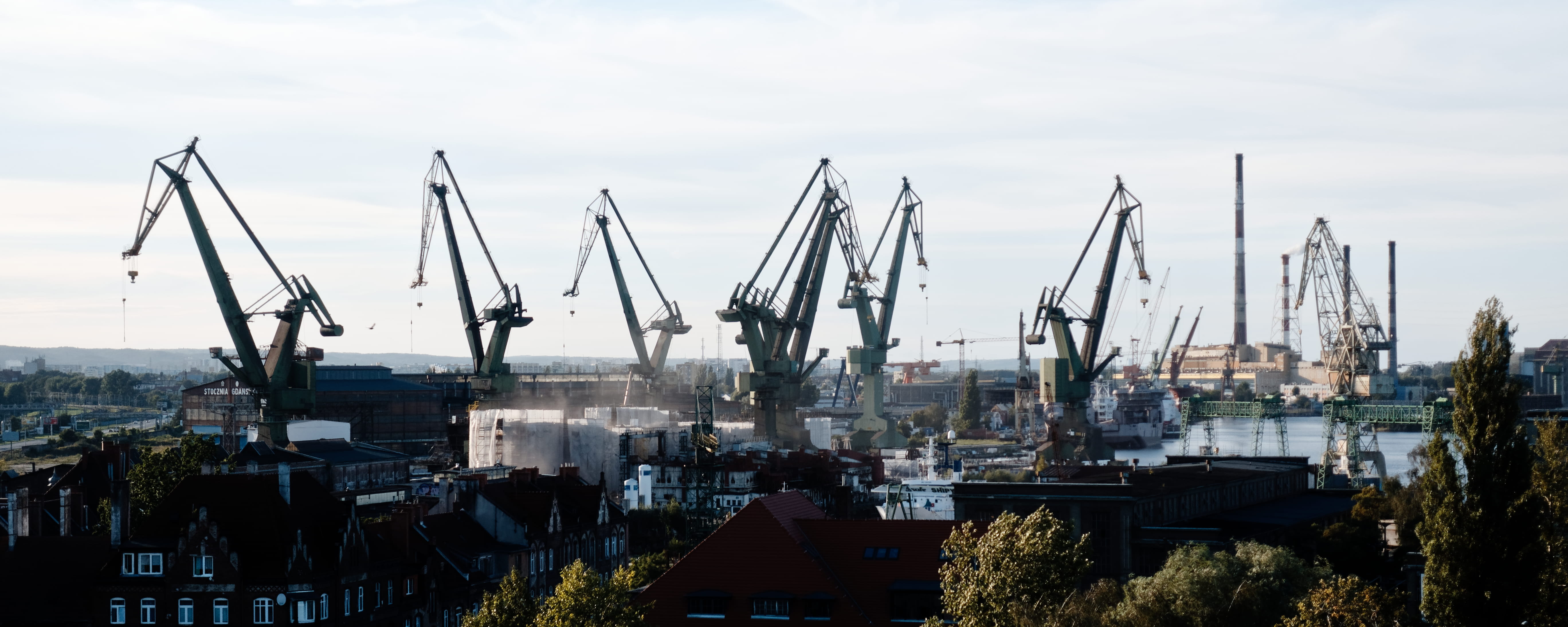 sky, industry, pier, gdansk shipyard, commercial dock, architecture, gdańsk, crane - construction machinery, no people, building exterior, day, water, built structure, HD Wallpaper
