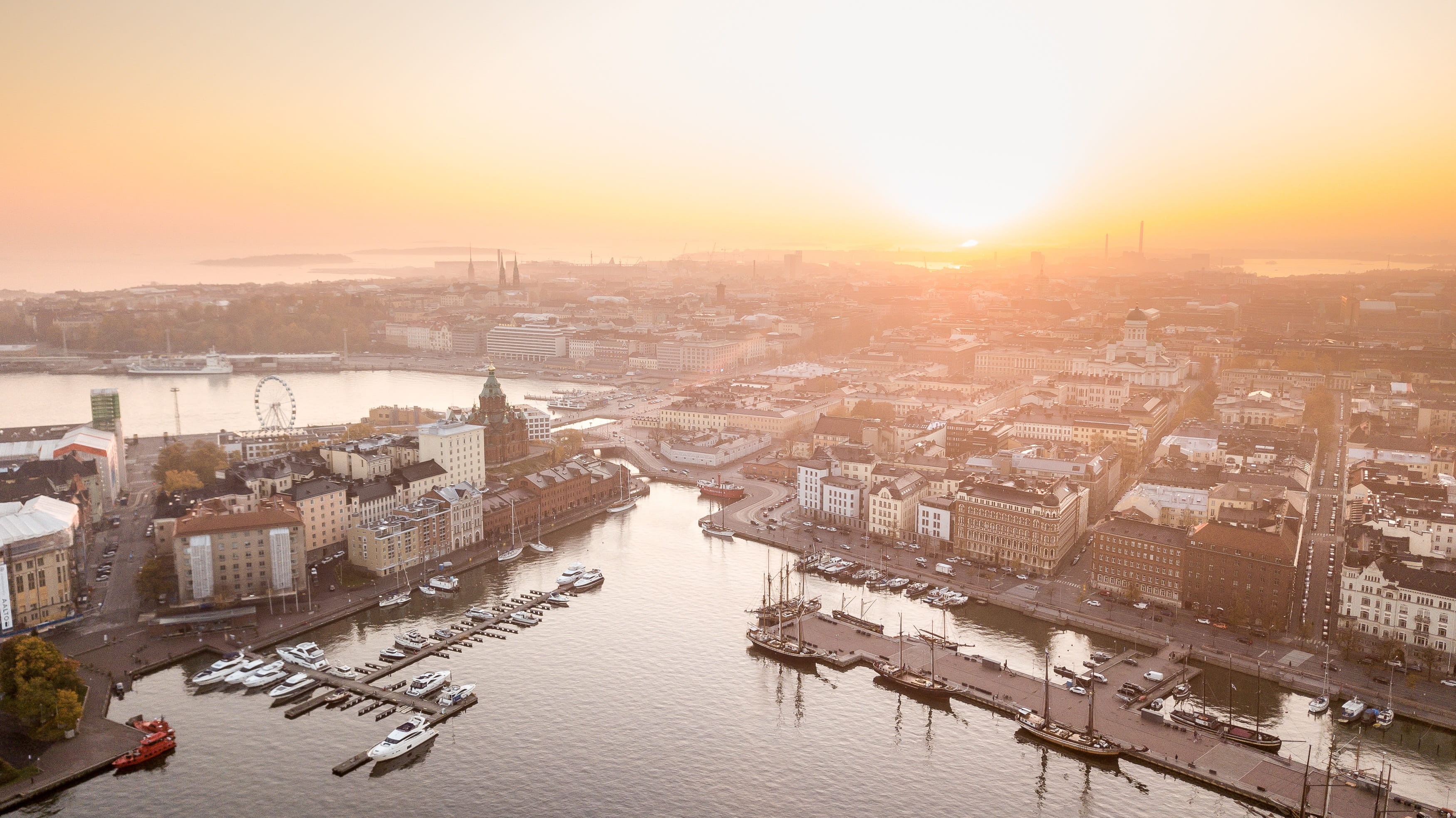 sea, cityscape, marine, water, port, sky, river, finnish, sunlight, building exterior, aerial view, built structure, boat, nature, no people, sun, urban, HD Wallpaper