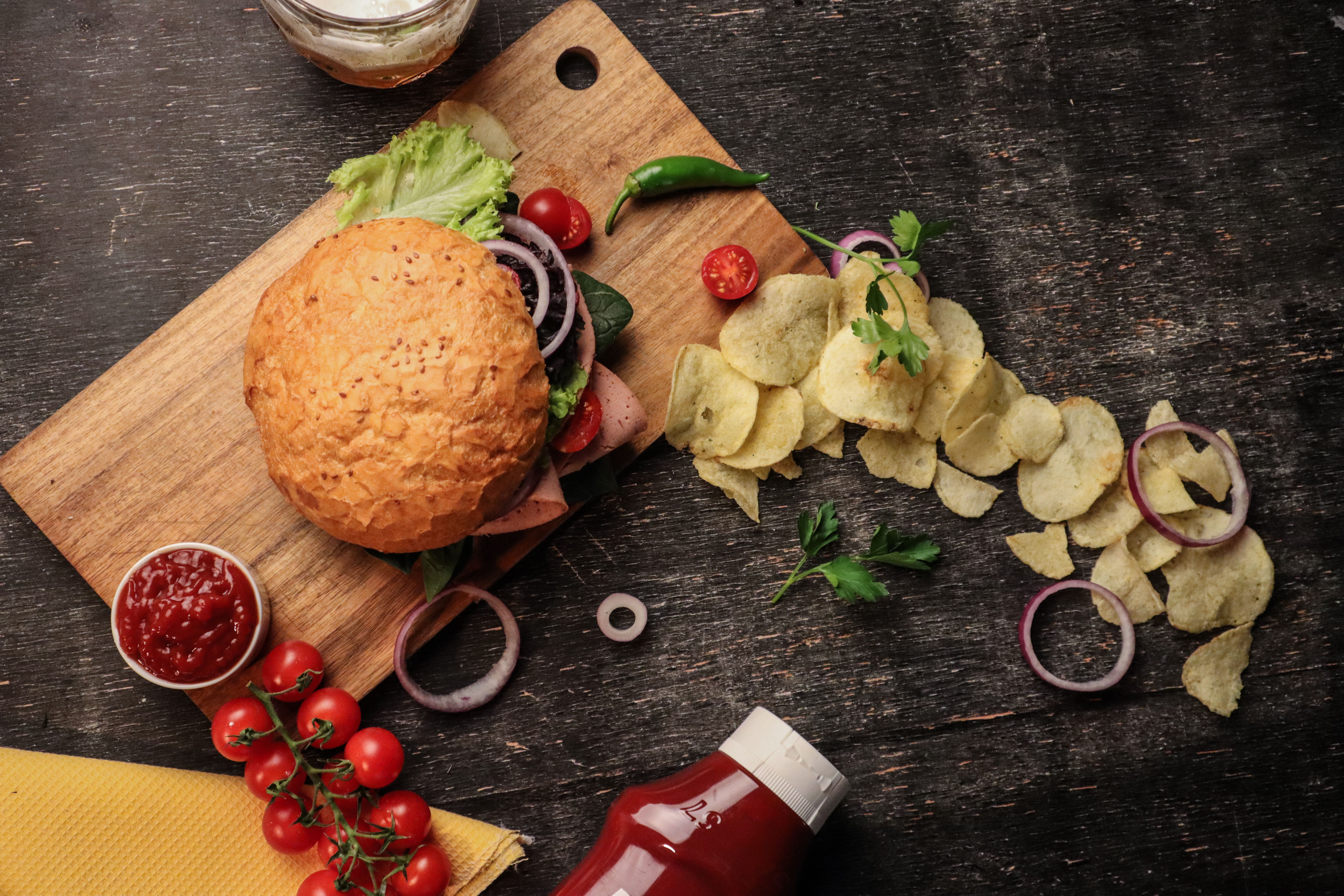 supper, food, garnish, seasoning, beside, chips, preparing food, cutting board, healthy eating, jar, table, still life, snack, wood - material, close-up, HD Wallpaper