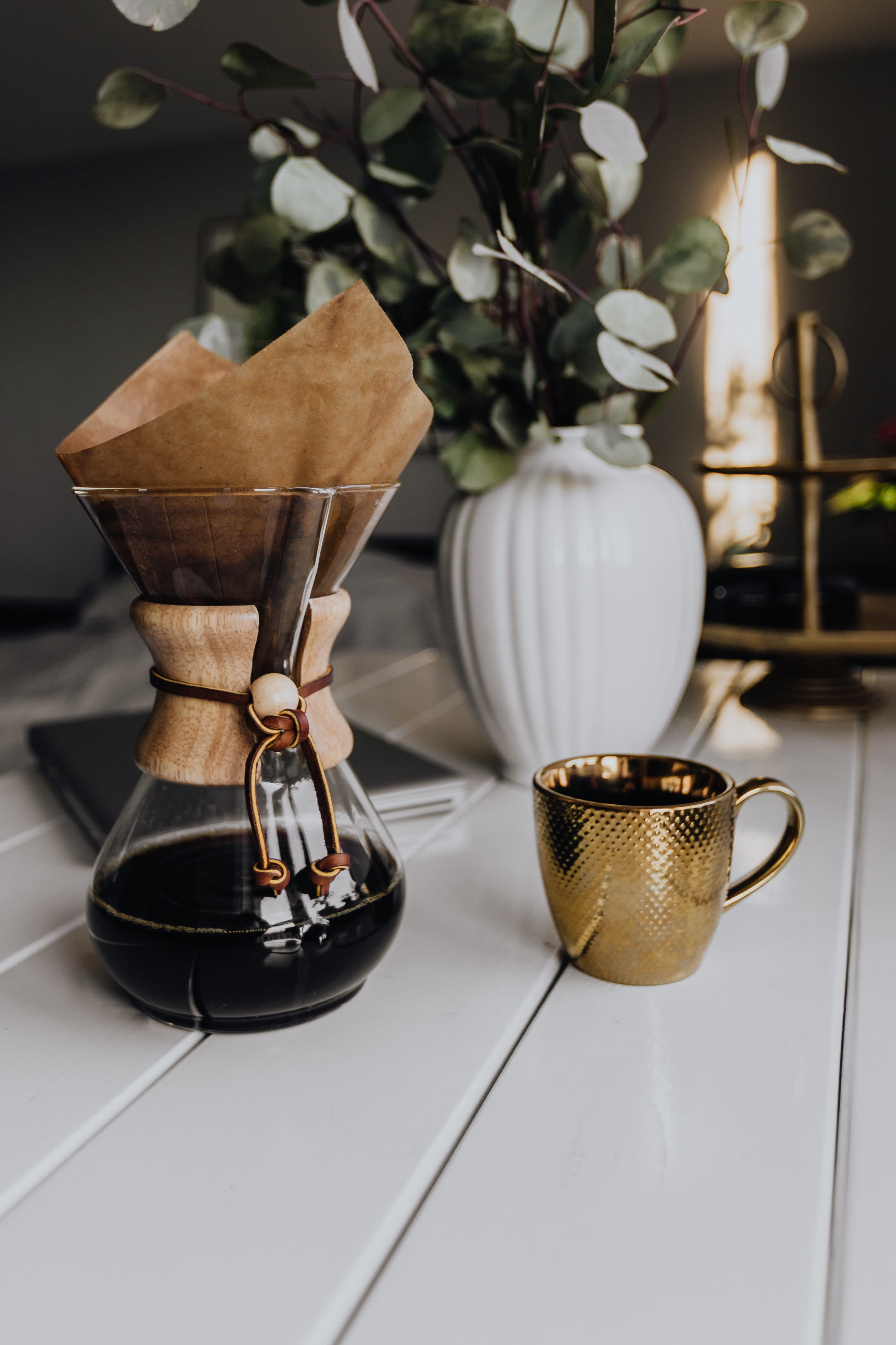 morning, flower, maker, gold cup, flowering plant, cafe, coffee, day, chemex, nature, no people, pause, break, vase, cup, gold, still life, metal, selective focus, Phone HD Wallpaper