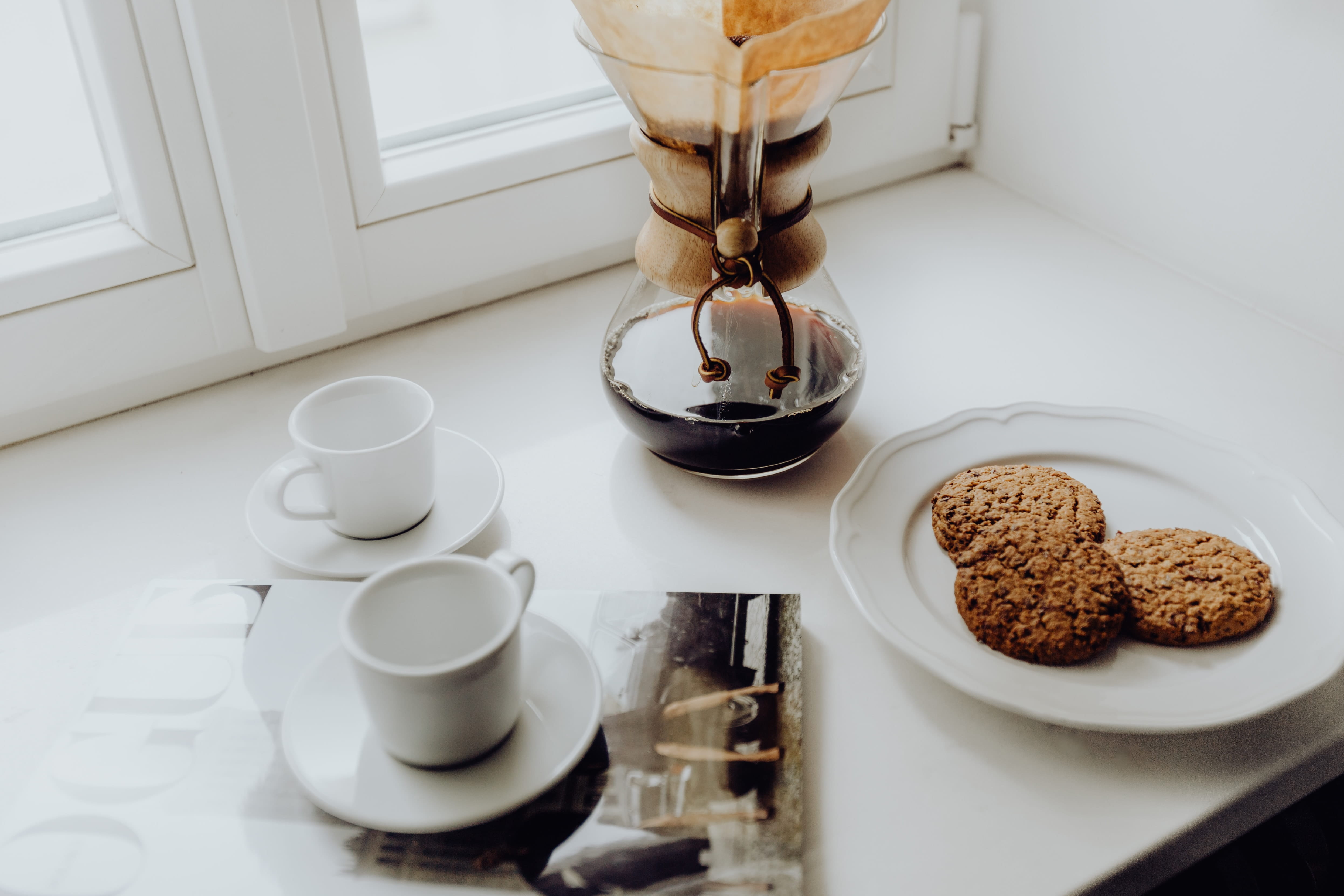 coffee, teapot, refreshment, sweet food, cup, cookie, wave, drink, table, third, snack, morning, hot drink, crockery, baked, coffeemaker, tea cup, 4K, HD Wallpaper