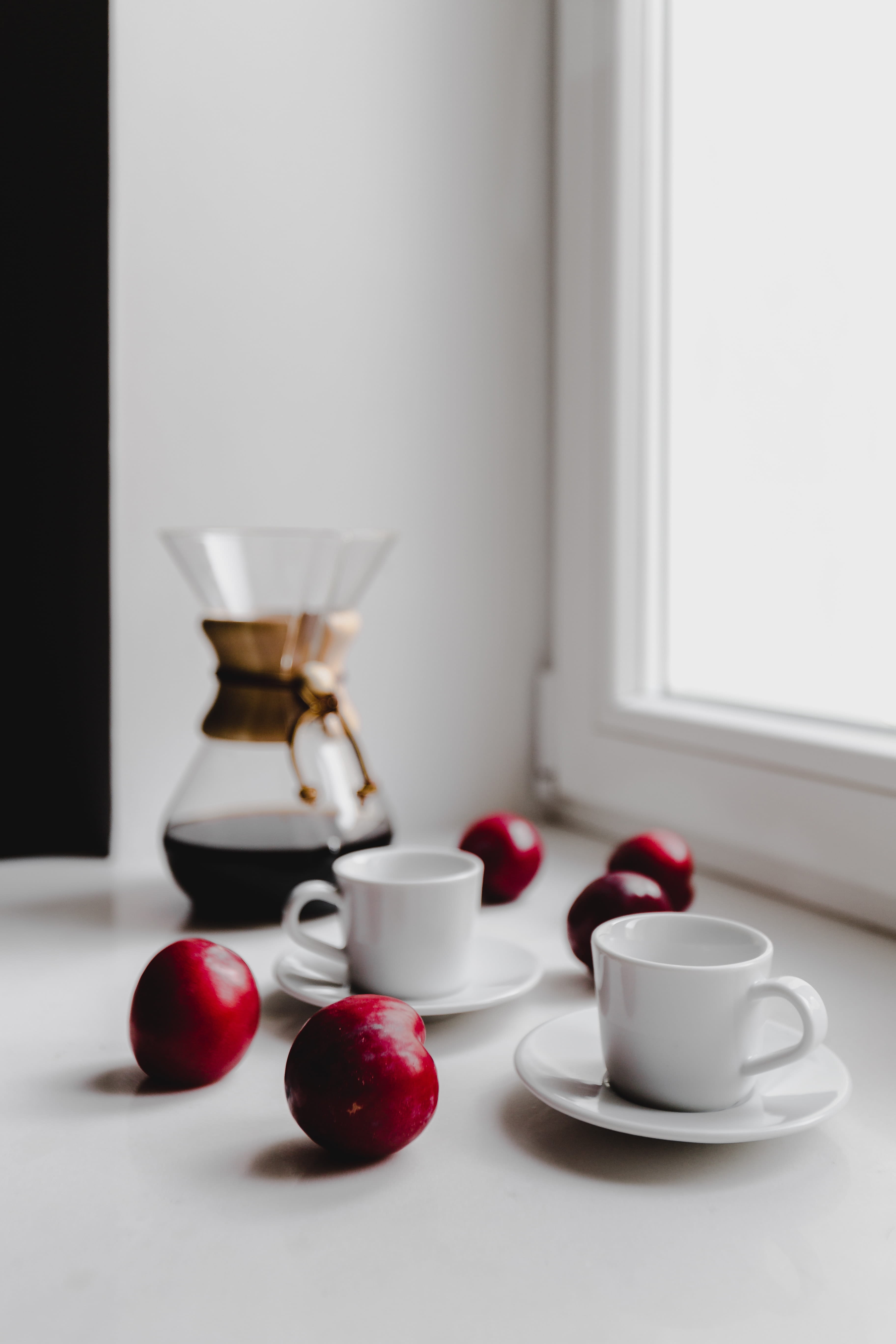 cup, healthy eating, coffee, red, breakfast, coffee pot, tea cup, freshness, arabica, chemex, plums, filter, food and drink, cafe, mug, fruit, crockery, Phone HD Wallpaper