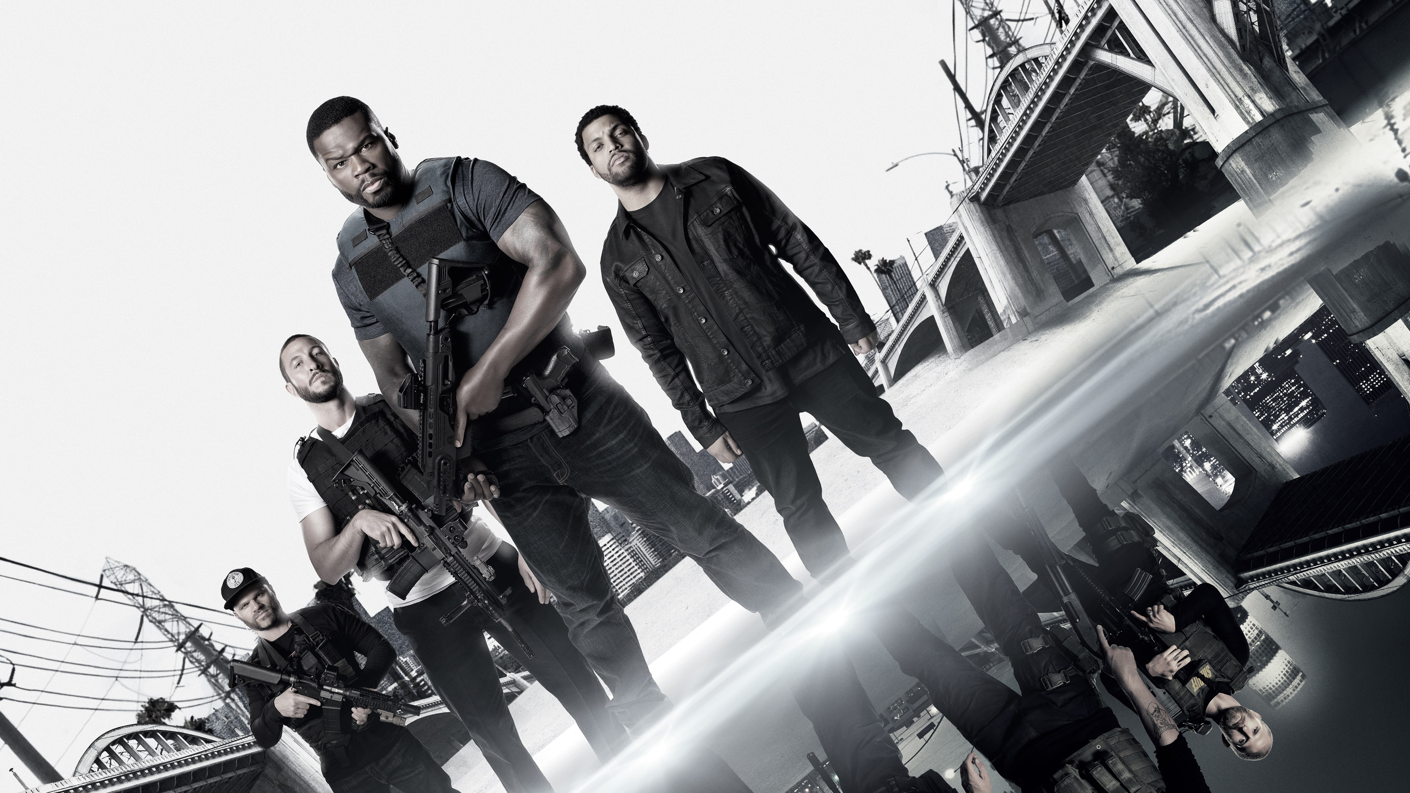 holding, 4K, 4K, Evan Jones, rifles, photo, OShea Jackson Jr, 50 Cent, four, men, 2018, grayscale, Den of Thieves, Pablo Schreiber, HD Wallpaper