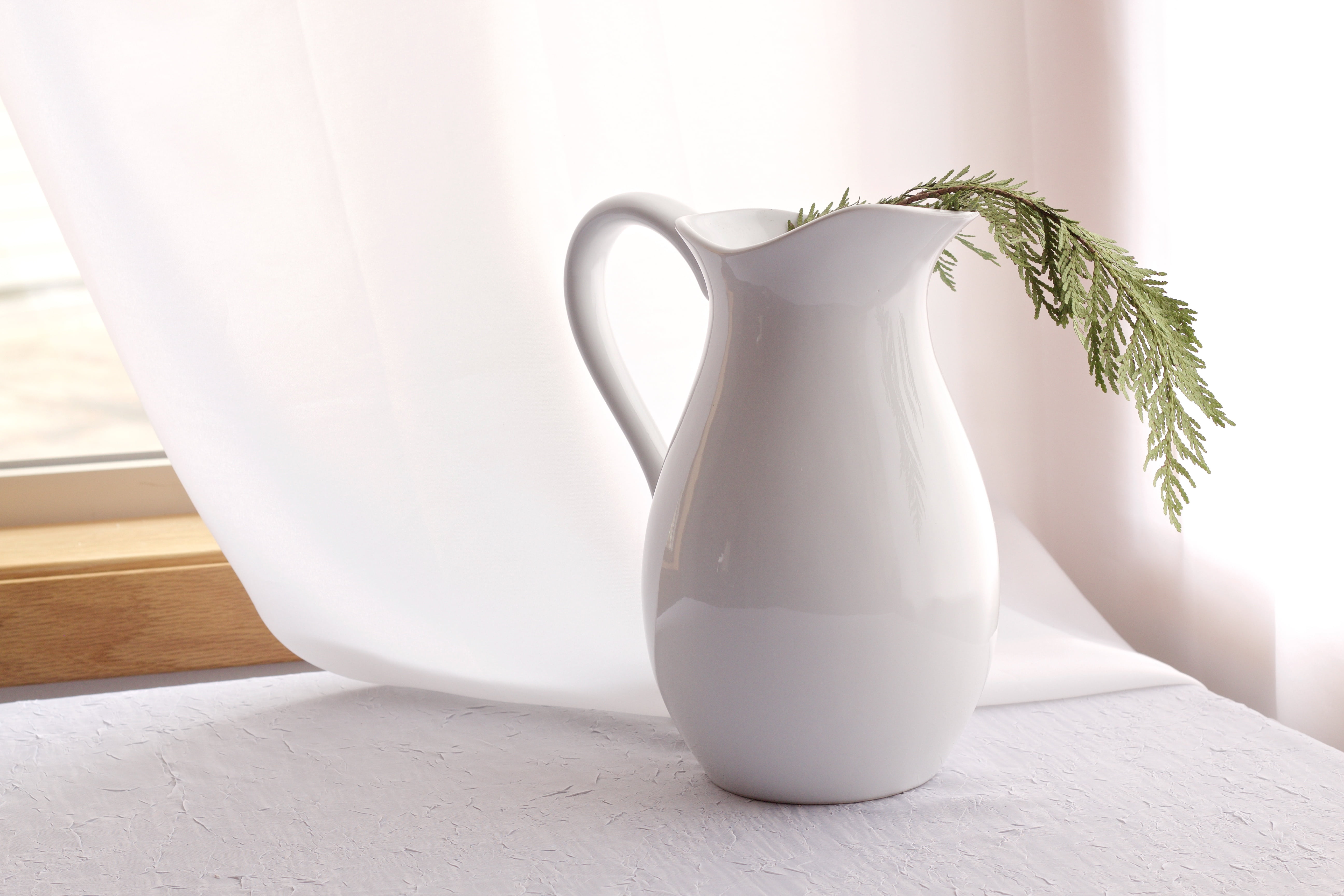 pitcher, window, freshness, near, table, refreshment, food, curtain, leaf, close-up, white, day, 5K, pitcher - jug, healthy eating, green, plant, ceramic, HD Wallpaper