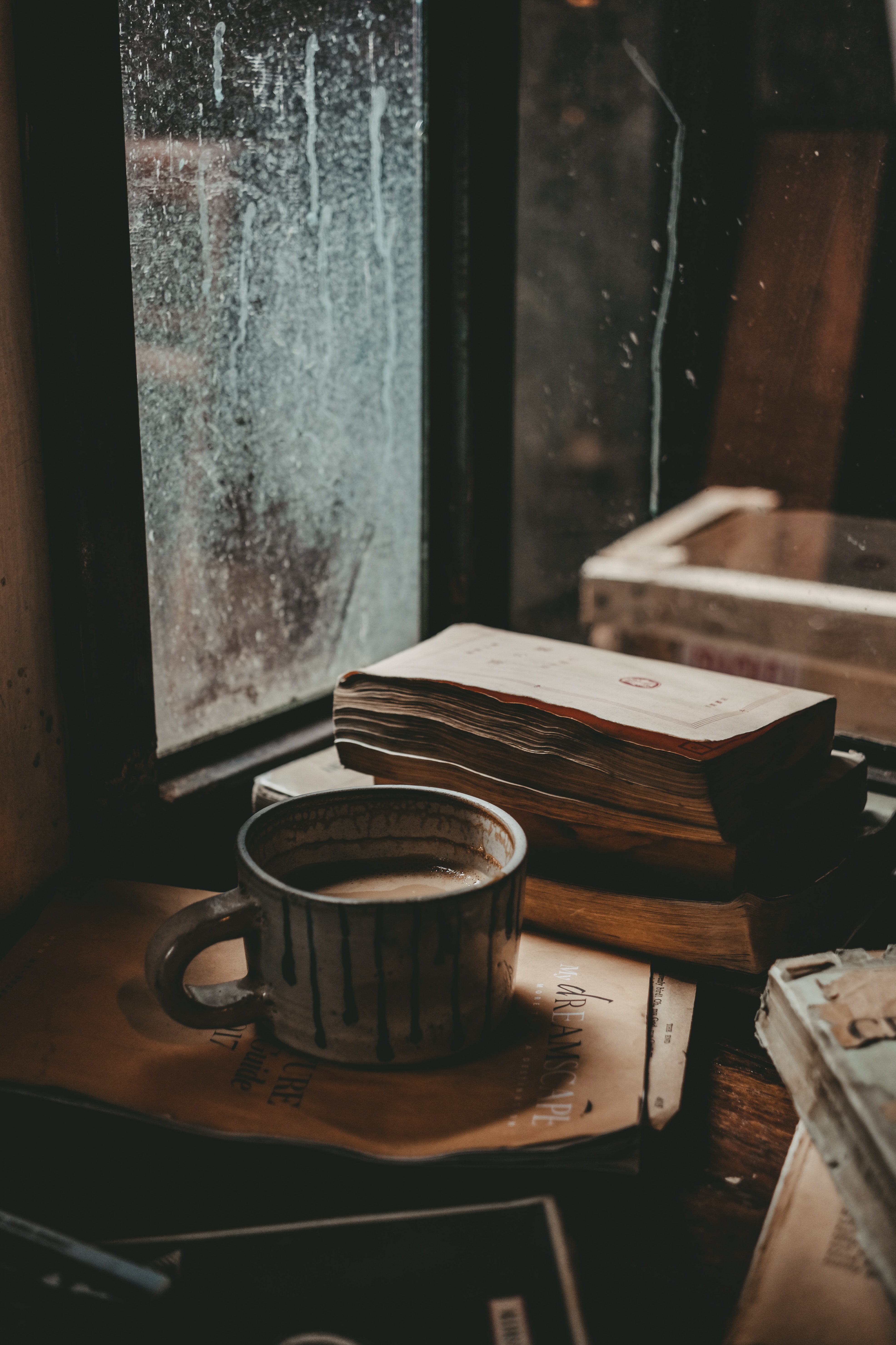 books, autumn, window, 5K, mug, mood, Phone HD Wallpaper