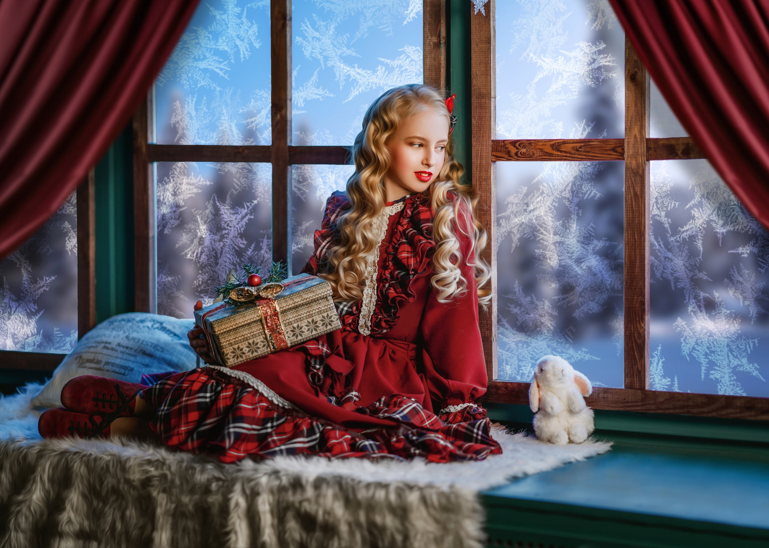 Диана Липкина, toy, pillow, gift, 2K, on the windowsill, Bunny, girl, frost, rabbit, dress, curls, window, HD Wallpaper