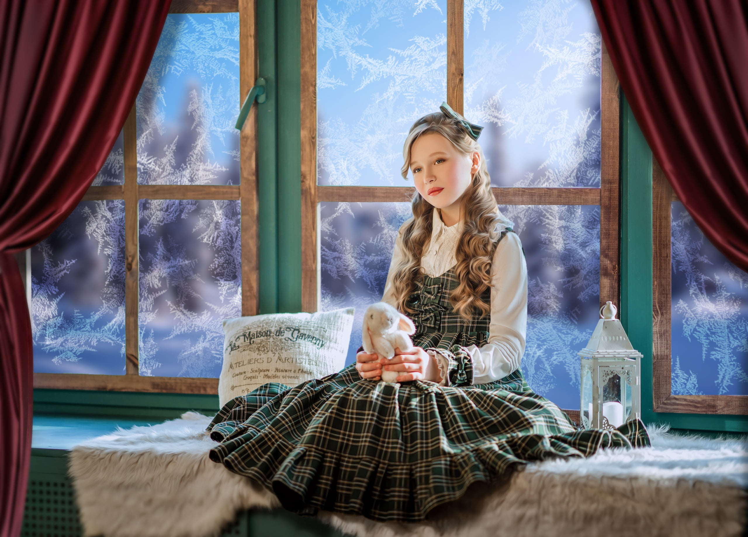frost, on the windowsill, 2K, Диана Липкина, sundress, girl, lantern, curls, Bunny, window, toy, pillow, rabbit, HD Wallpaper