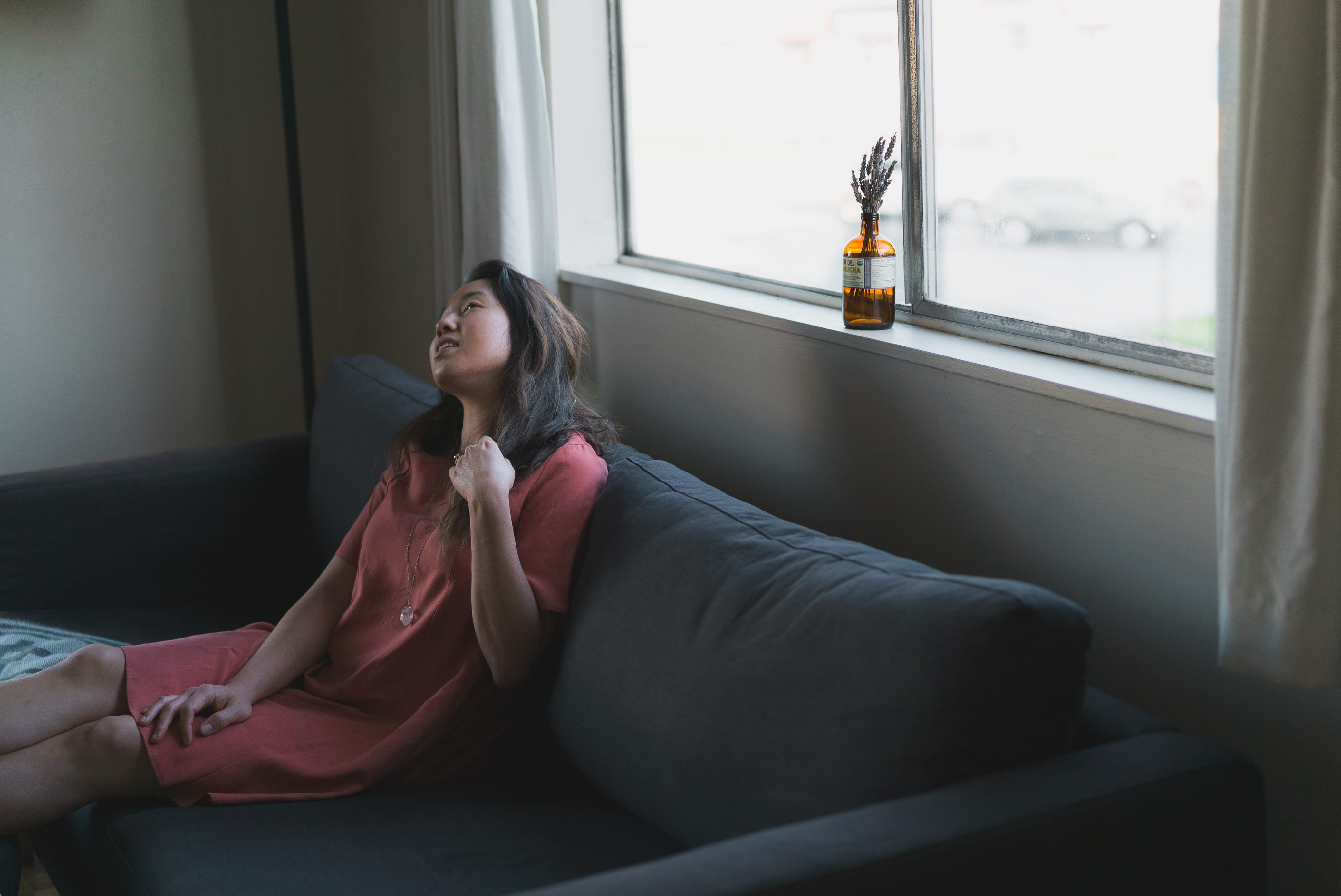 furniture, home interior, curtain, soft, indoors, pose, gray, adult, flower, asian, hairstyle, contemplation, style, daytime, young women, one person, day, HD Wallpaper