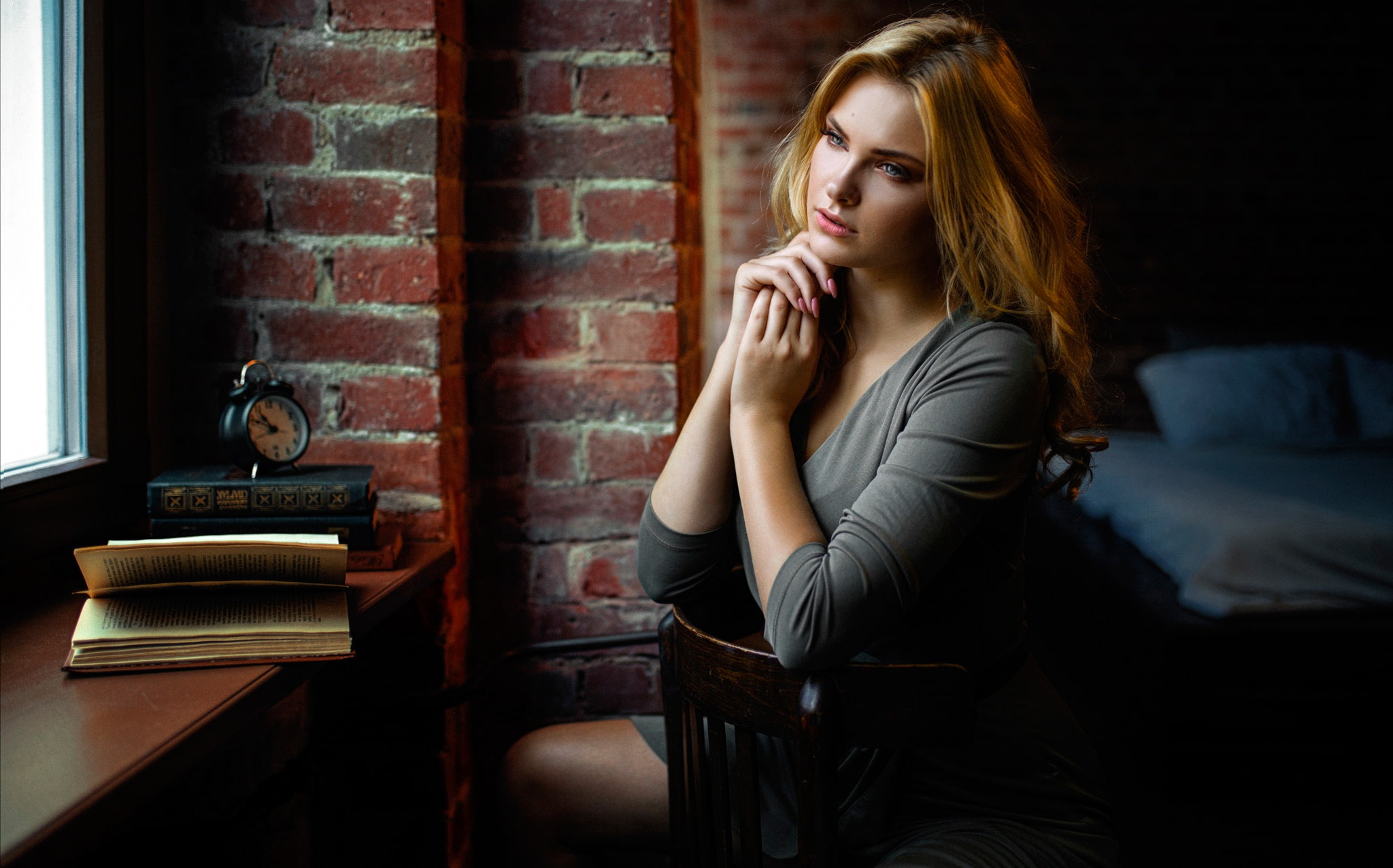 room, Carla Sonre, hairstyle, sitting, books, on the chair, dress, beauty, sill, portrait, 1080P, bed, window, blonde, makeup, pose, alarm clock, model, HD Wallpaper