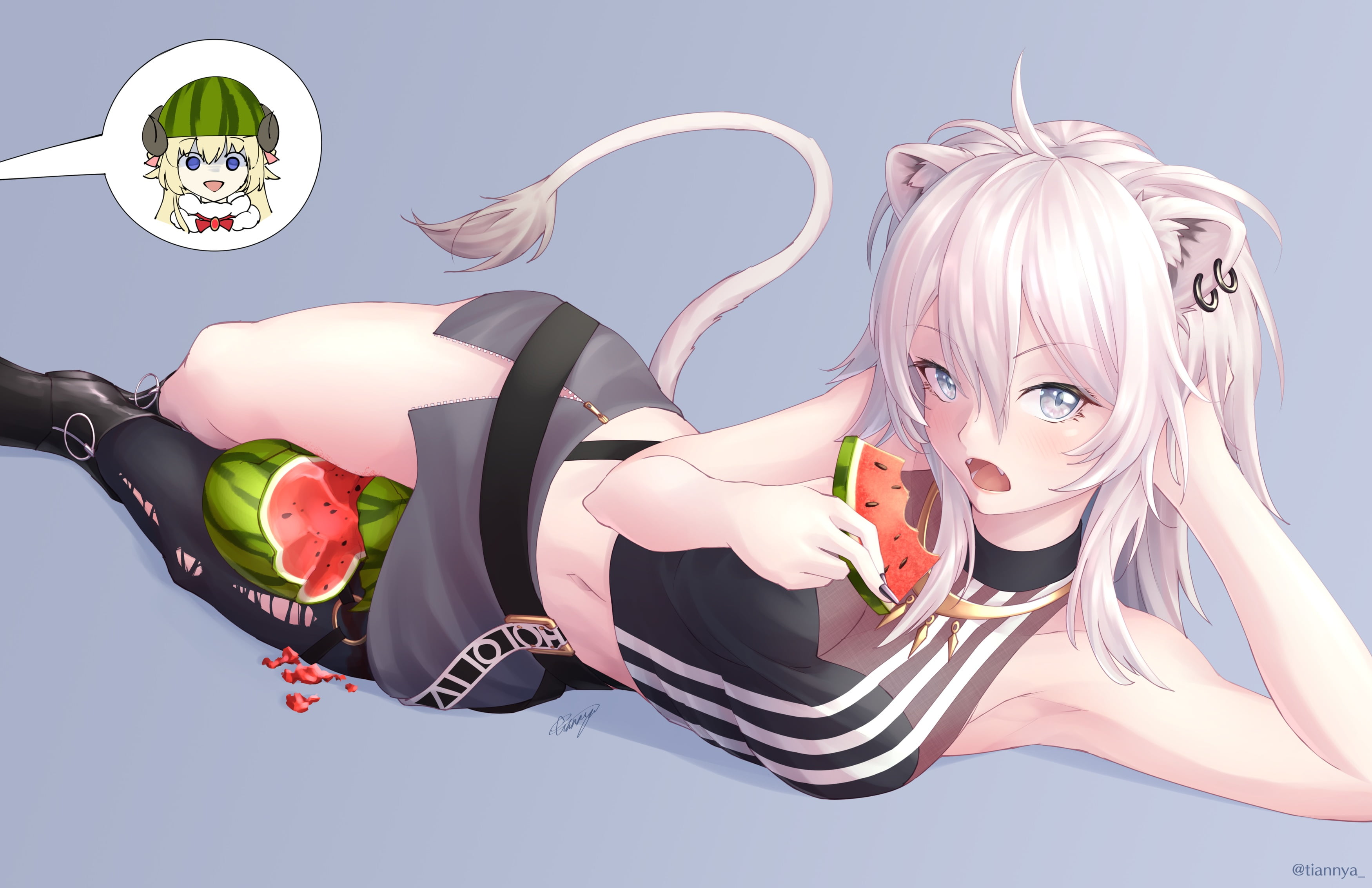 animal ears, cat girl, fruit, necklace, cleavage, Shishiro Botan, 2K, see-through blouse, navels, Tsunomaki Watame, skirt, horns, food, HD Wallpaper