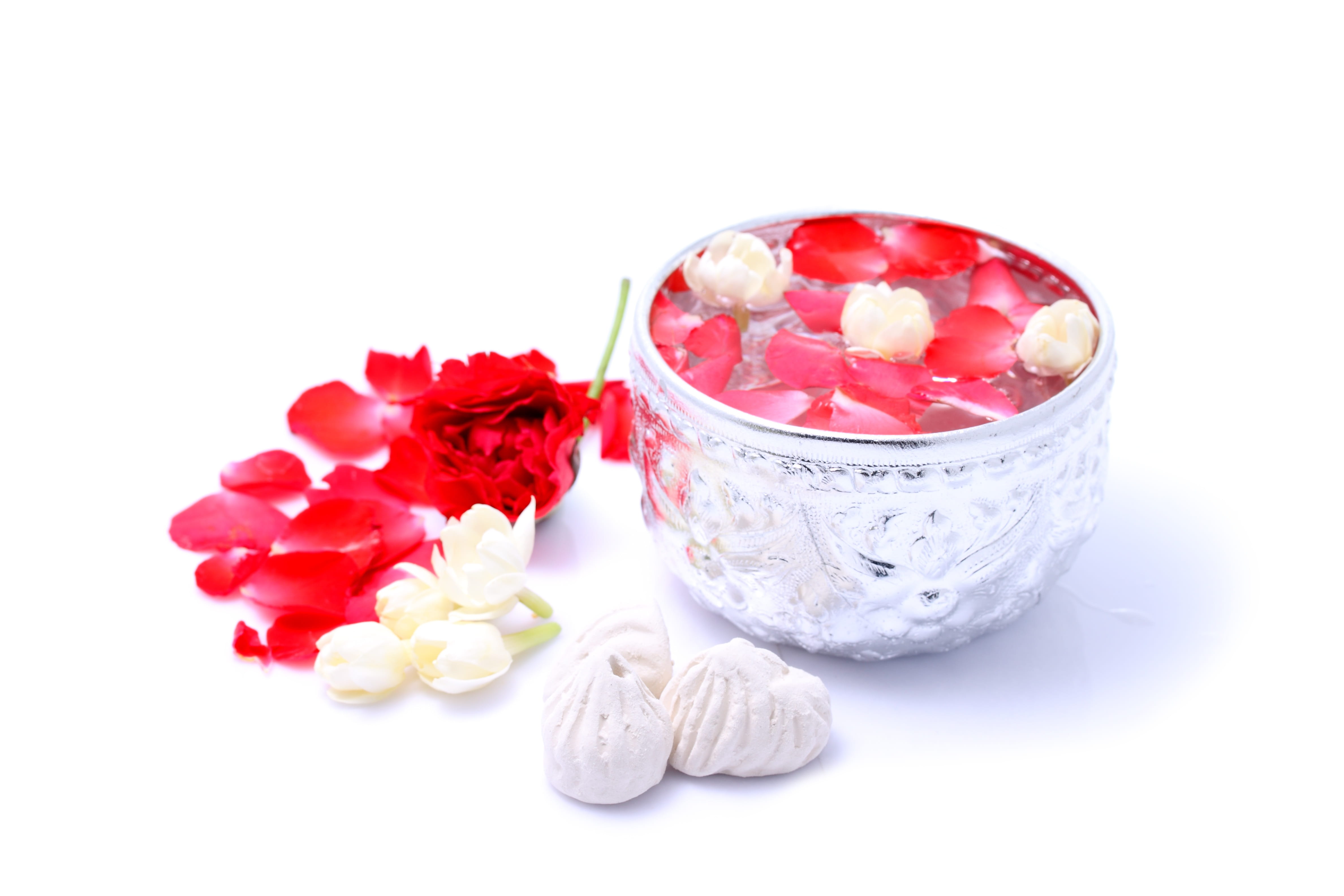 indoors, rose, beauty in nature, plant, filled, flowering plant, petal, 4K, Songkran, flower head, freshness, container, sweet food, petals, silver, fruit, HD Wallpaper