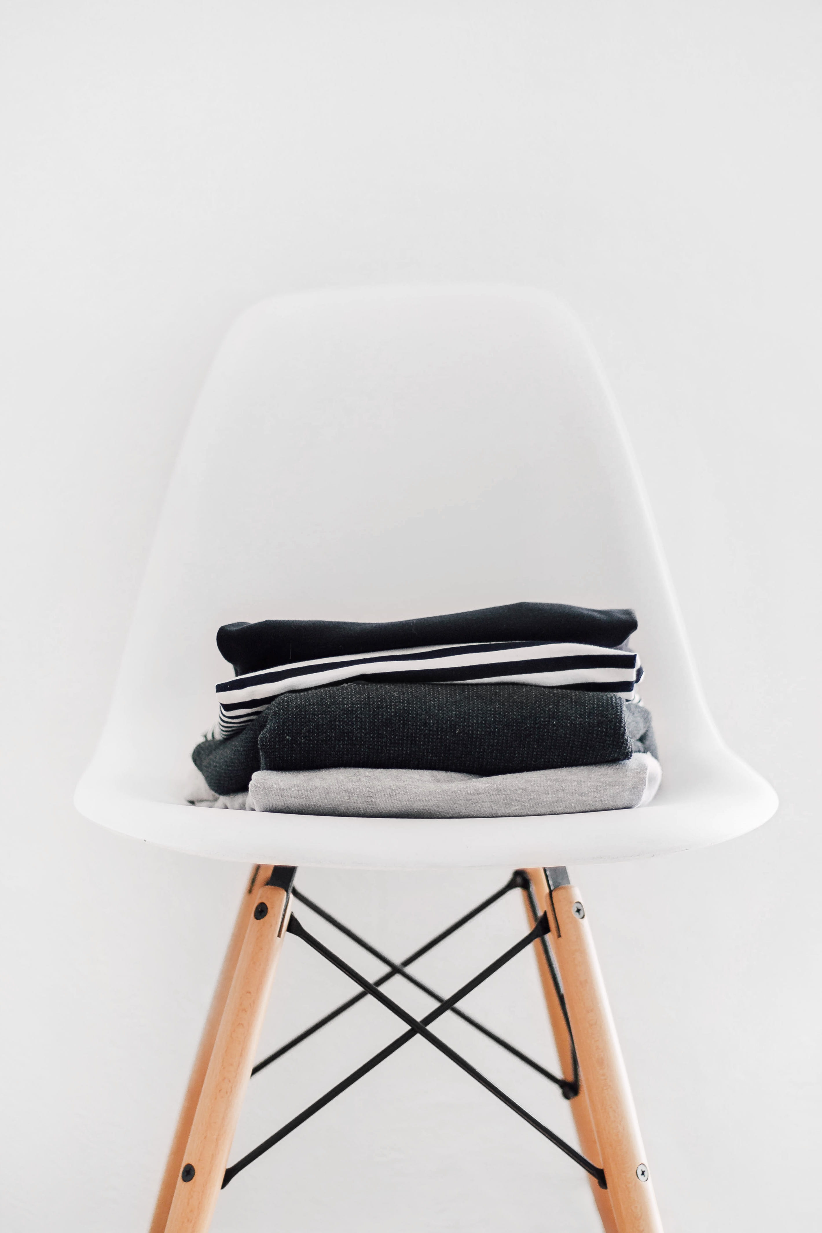 fashion, interior, no people, seat, empty, studio shot, clean, absence, still life, eames, home, clothes, wood - material, minimalism, white, white background, Phone HD Wallpaper