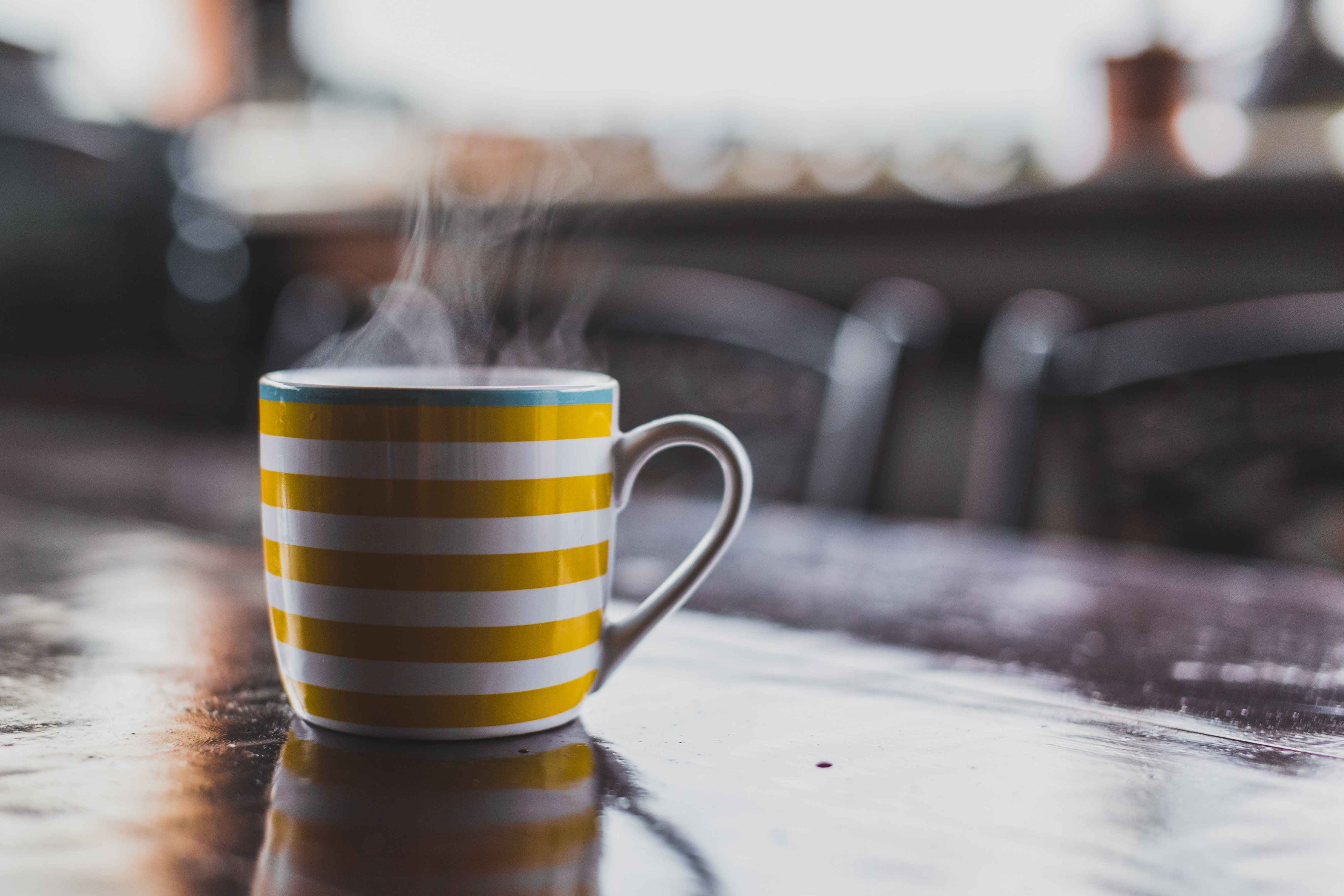 indoors, day, mug, tea cup, refreshment, close-up, focus on foreground, coffee cup, 4K, hot drink, freshness, latte, photography, steam, cup, yellow, selective focus, HD Wallpaper