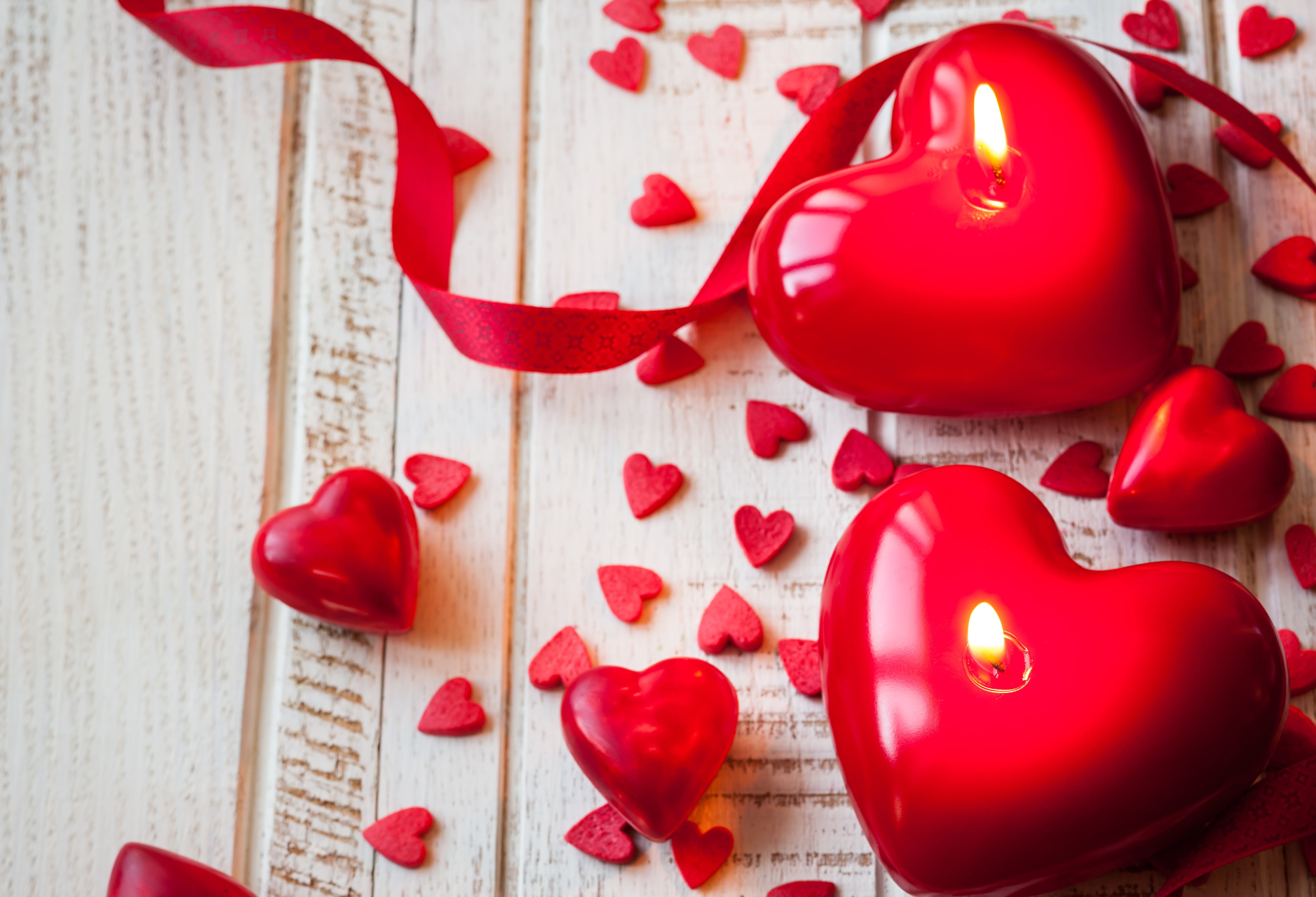5K, hearts, romantic, valentine`s day, candles, love, tape, red, HD Wallpaper