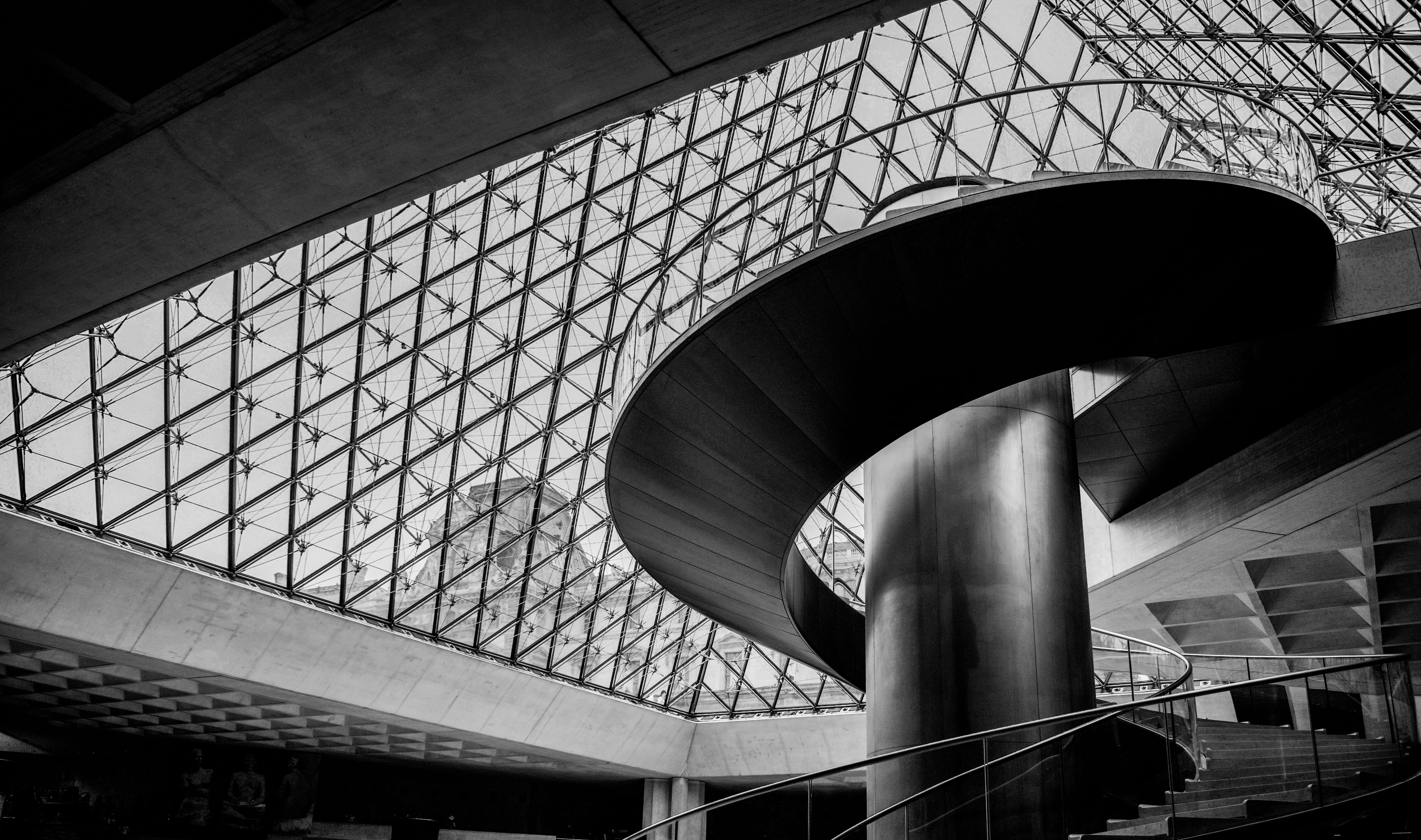 glass - material, tourism, paris, low angle view, 5K, pattern, #museedulouvre, built structure, concrete, staircase, vehicle, modern, metal, #handrail, HD Wallpaper