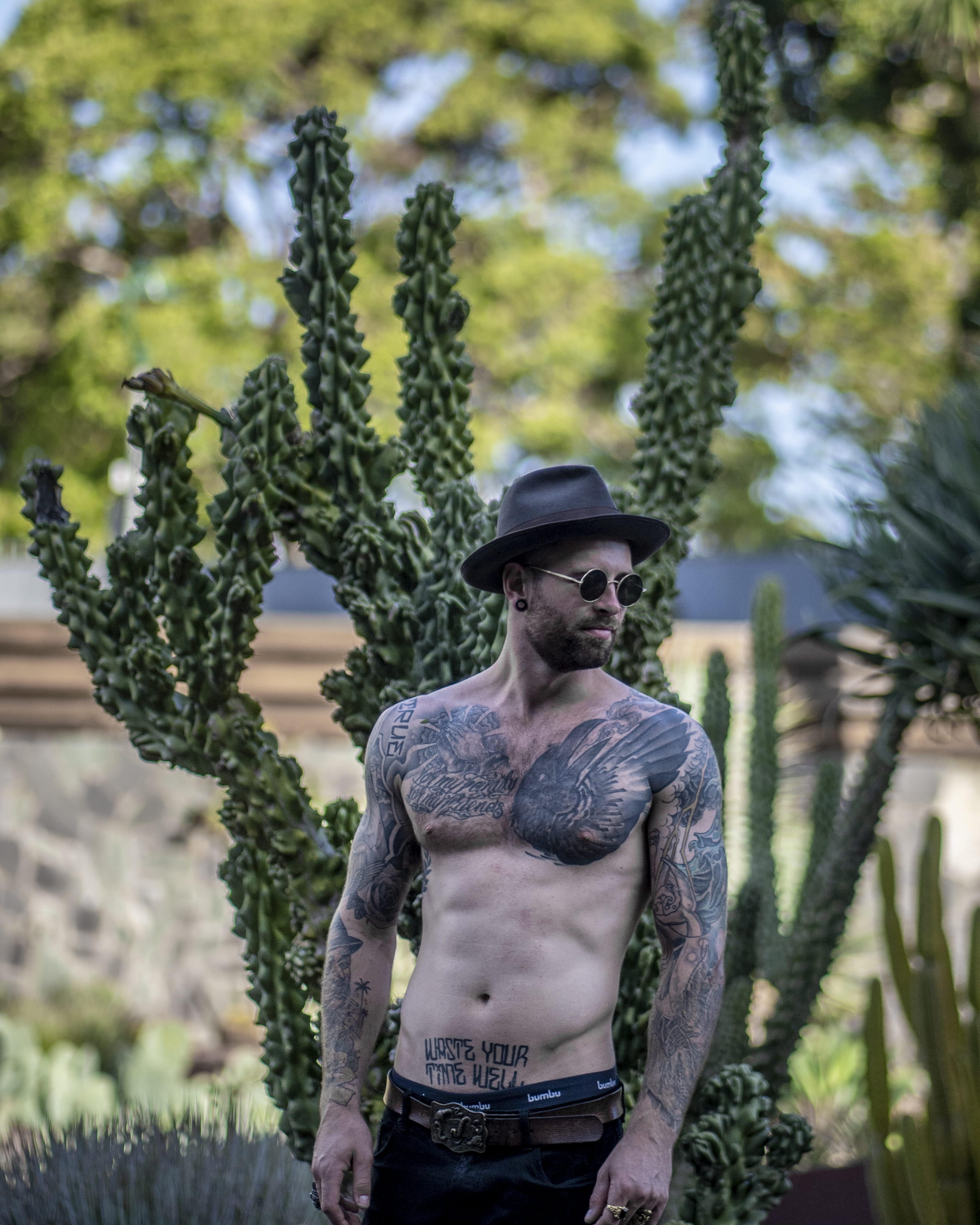 tattooed, focus, person, shirtless, one person, growth, recreation, sunglasses, blur, leisure, plant, nature, depth of field, tree, 2K, photo, three quarter length, Phone HD Wallpaper
