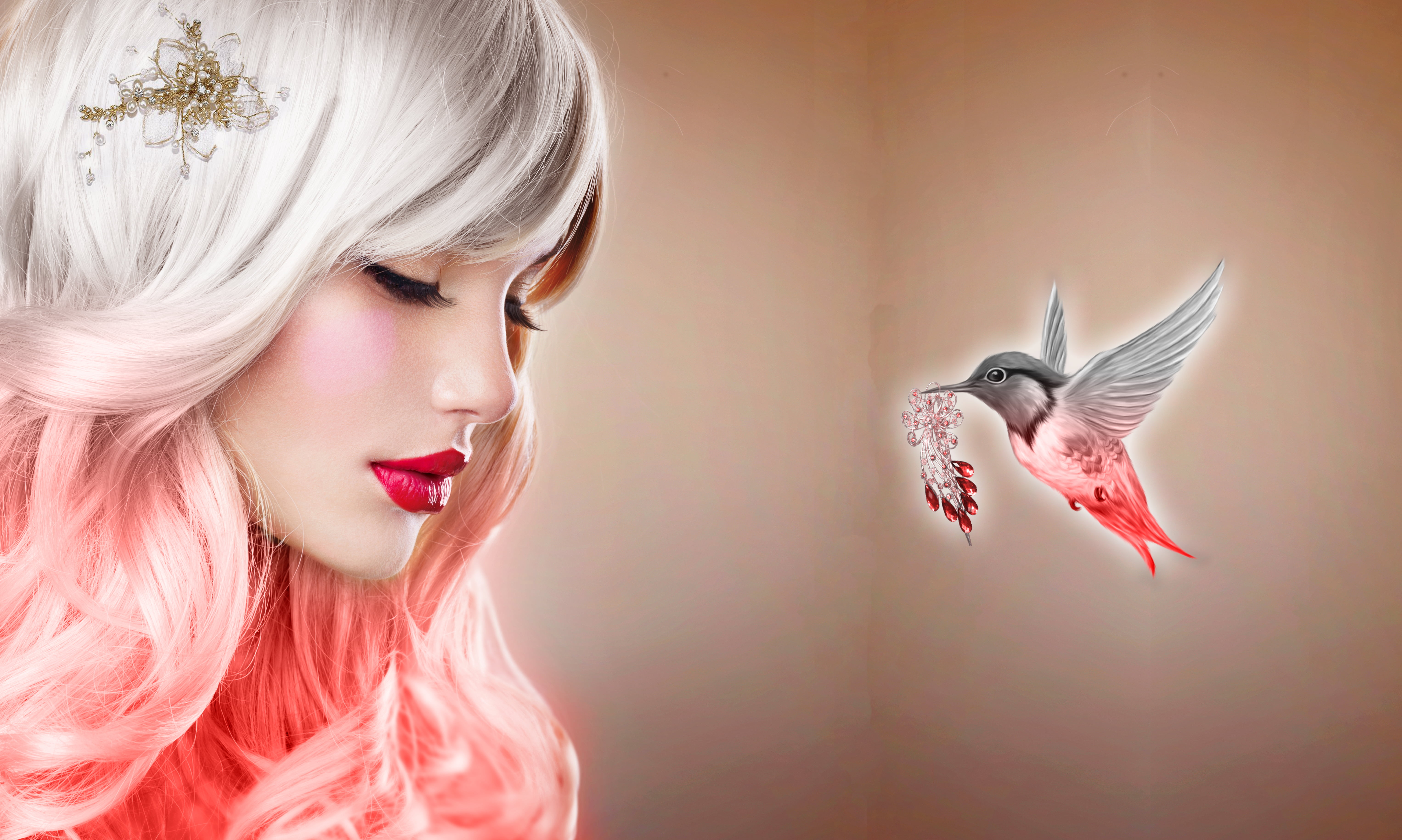 whitehead, redhead, women, shy, simple background, 5K, lipstick, birds, HD Wallpaper