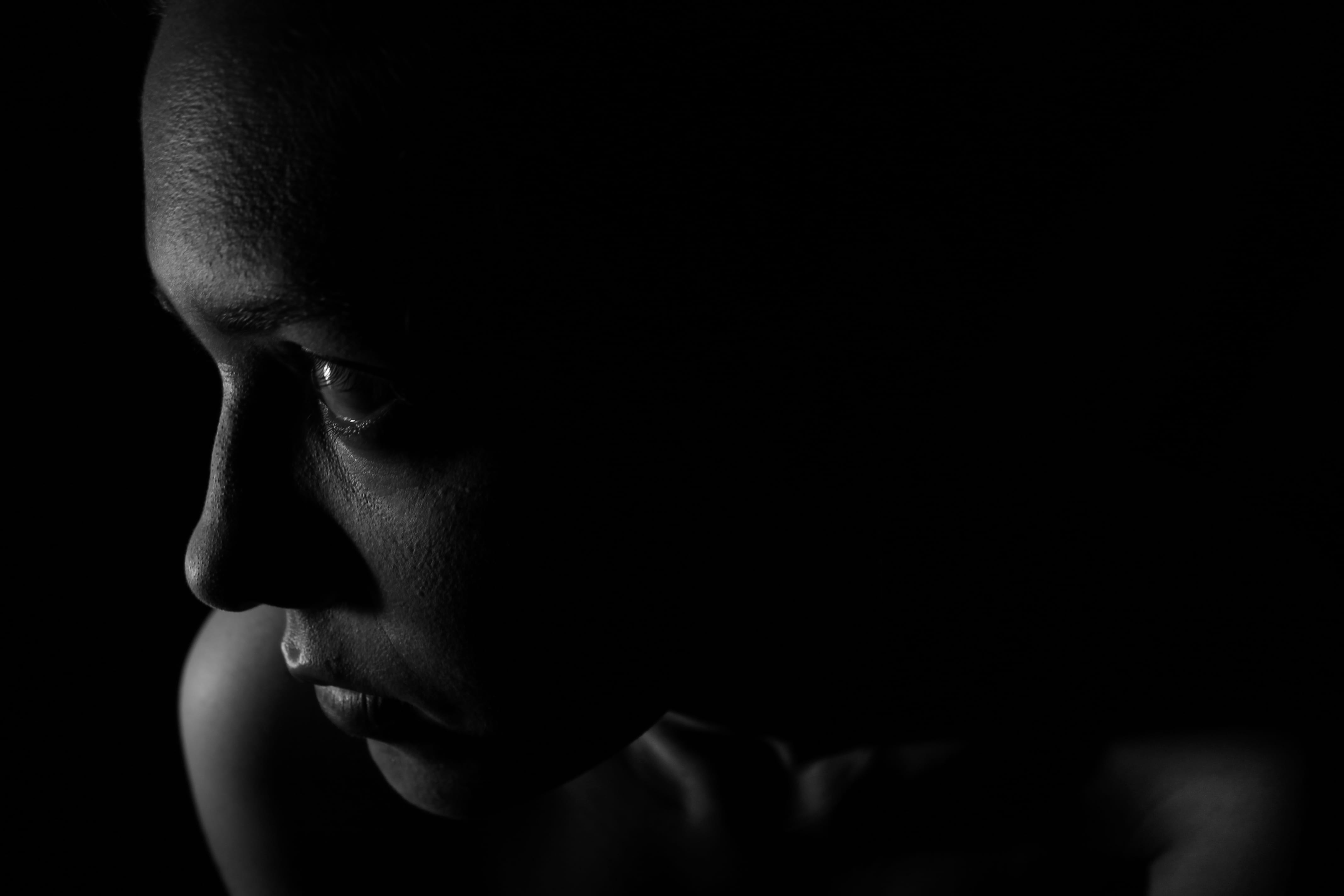 emotion, human body part, headshot, men, adult, contemplation, 4K, depression - sadness, studio shot, portrait, black background, one person, black-and-white, HD Wallpaper