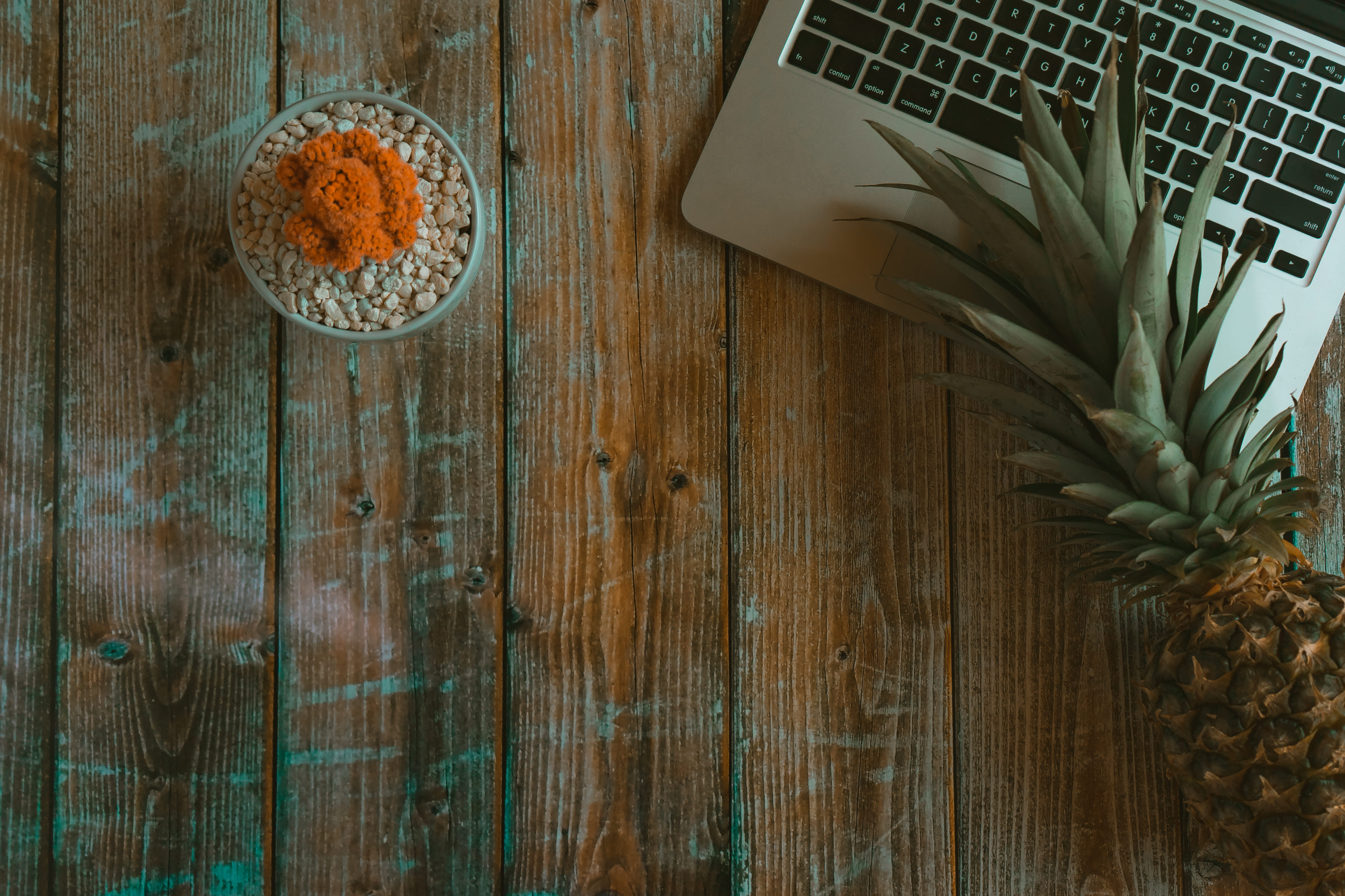food, computer, tropical fruit, overhead, work, 5K, technology, beside, laptop, healthy eating, communication, indoors, wood - material, pineapple, high angle view, HD Wallpaper