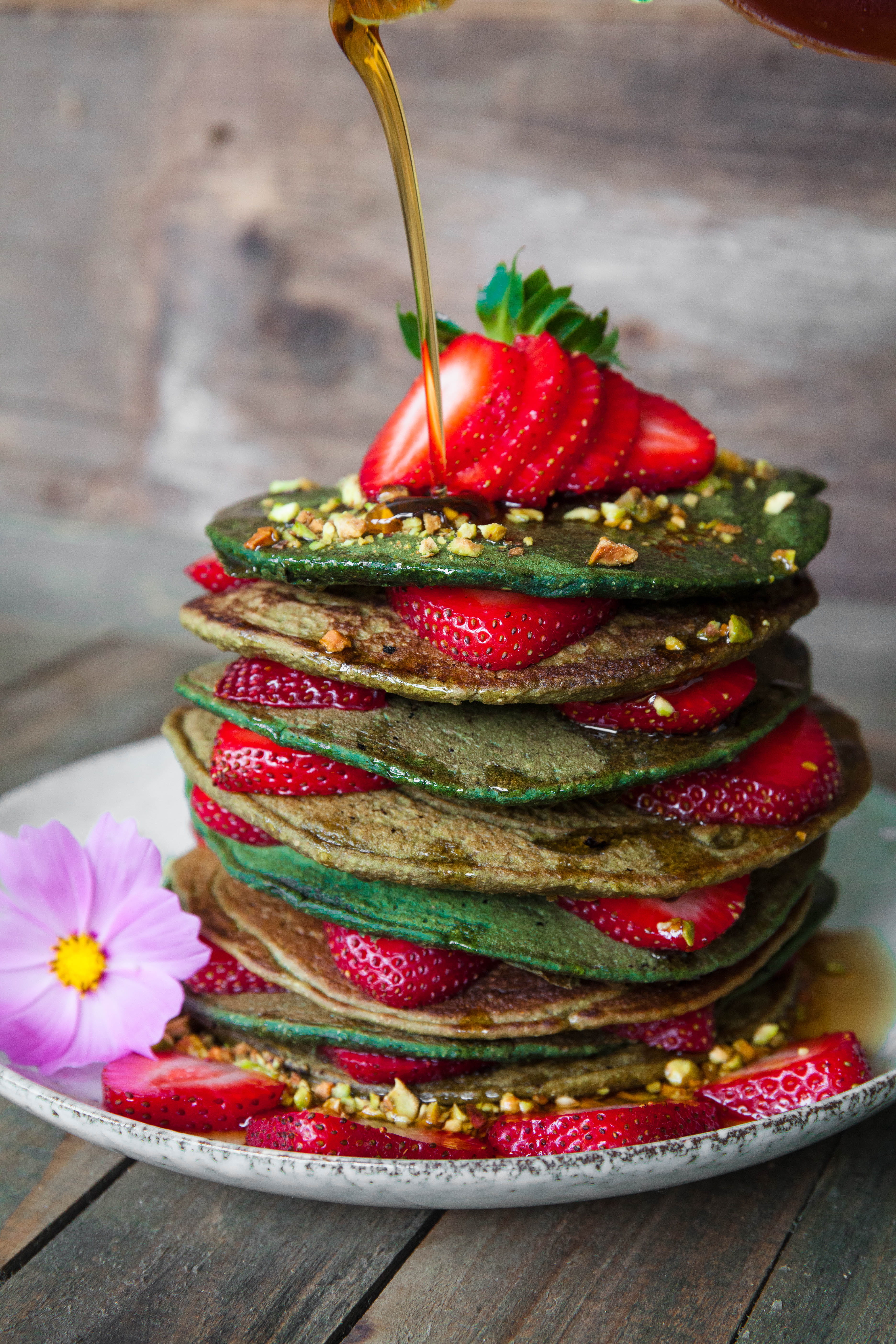 flower, spirulina, syrup, sweet food, strawberry, ready-to-eat, vegan, healthy eating, focus on foreground, plate, 5K, matcha, red, berry fruit, wood - material, Phone HD Wallpaper